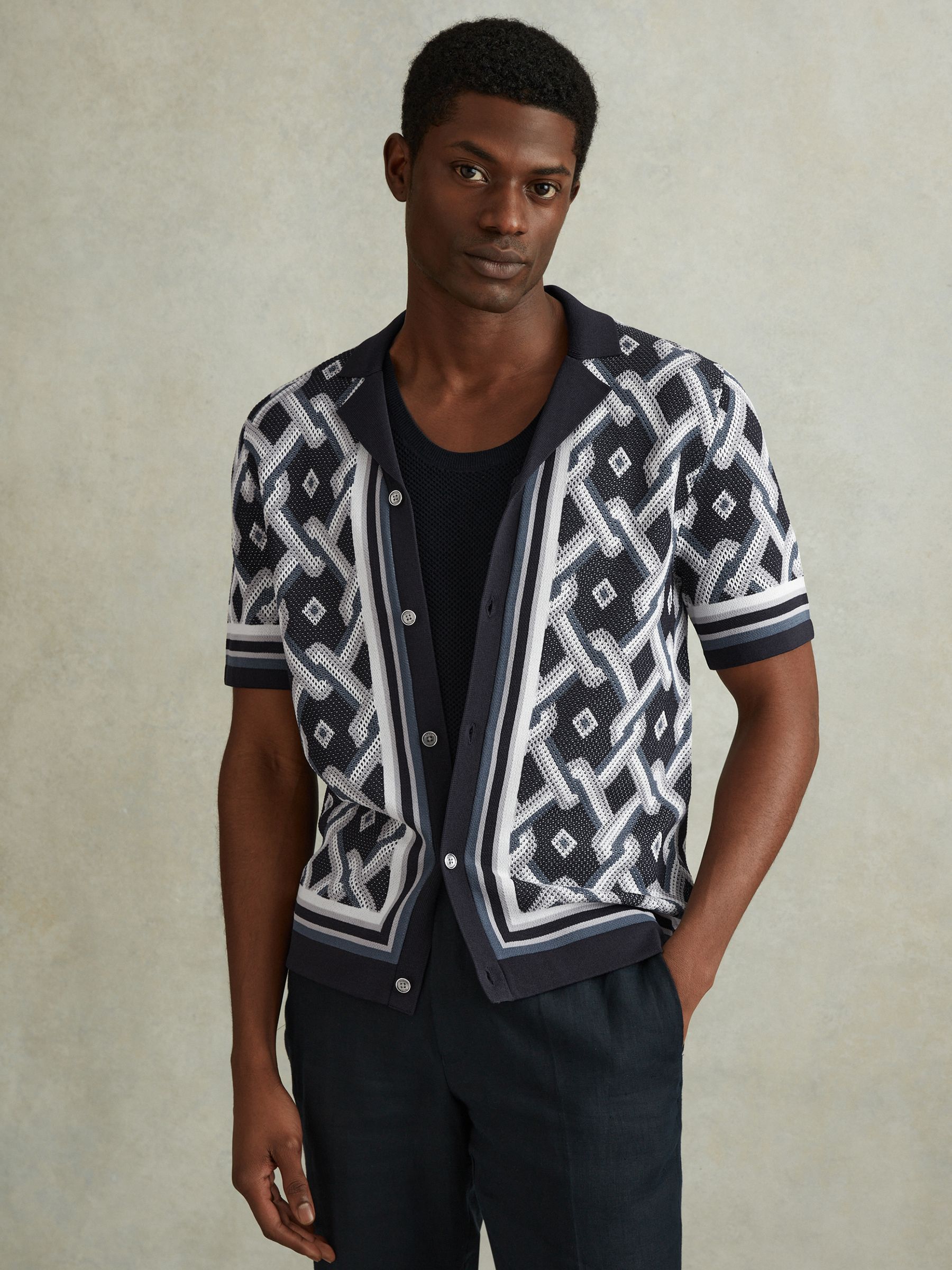 Knitted Cuban Collar Shirt in Navy Multi - Image 1 of 6