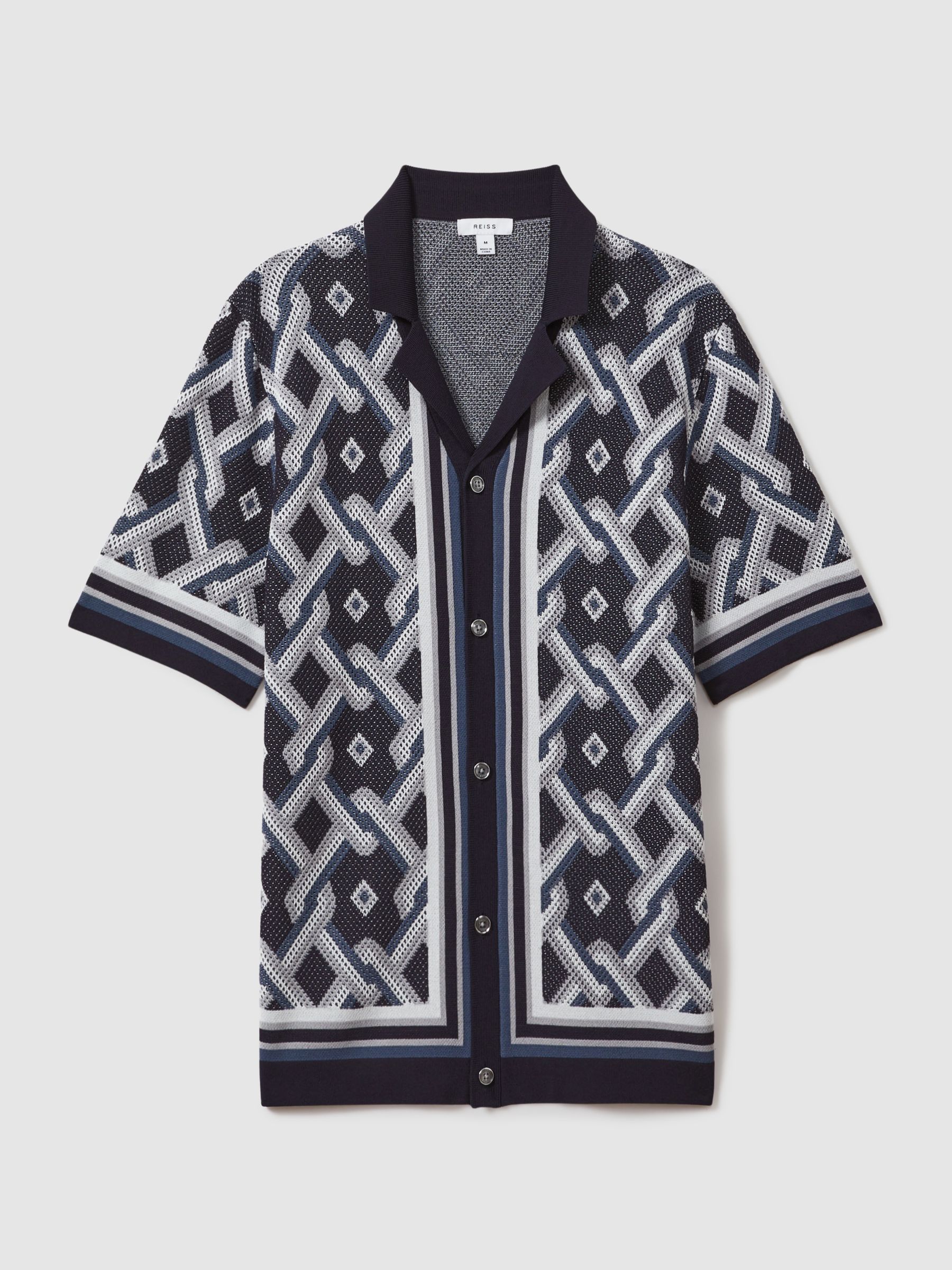 Knitted Cuban Collar Shirt in Navy Multi - Image 2 of 6
