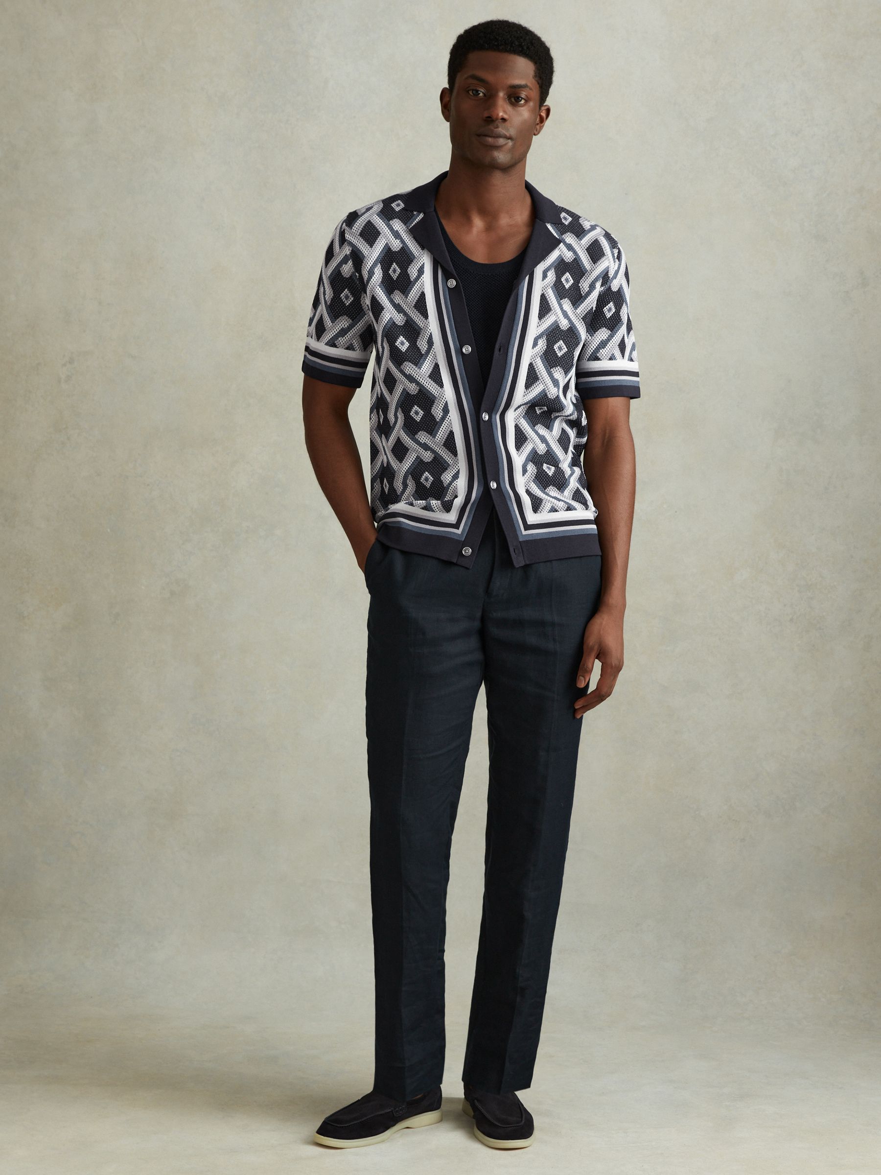 Knitted Cuban Collar Shirt in Navy Multi - Image 3 of 6