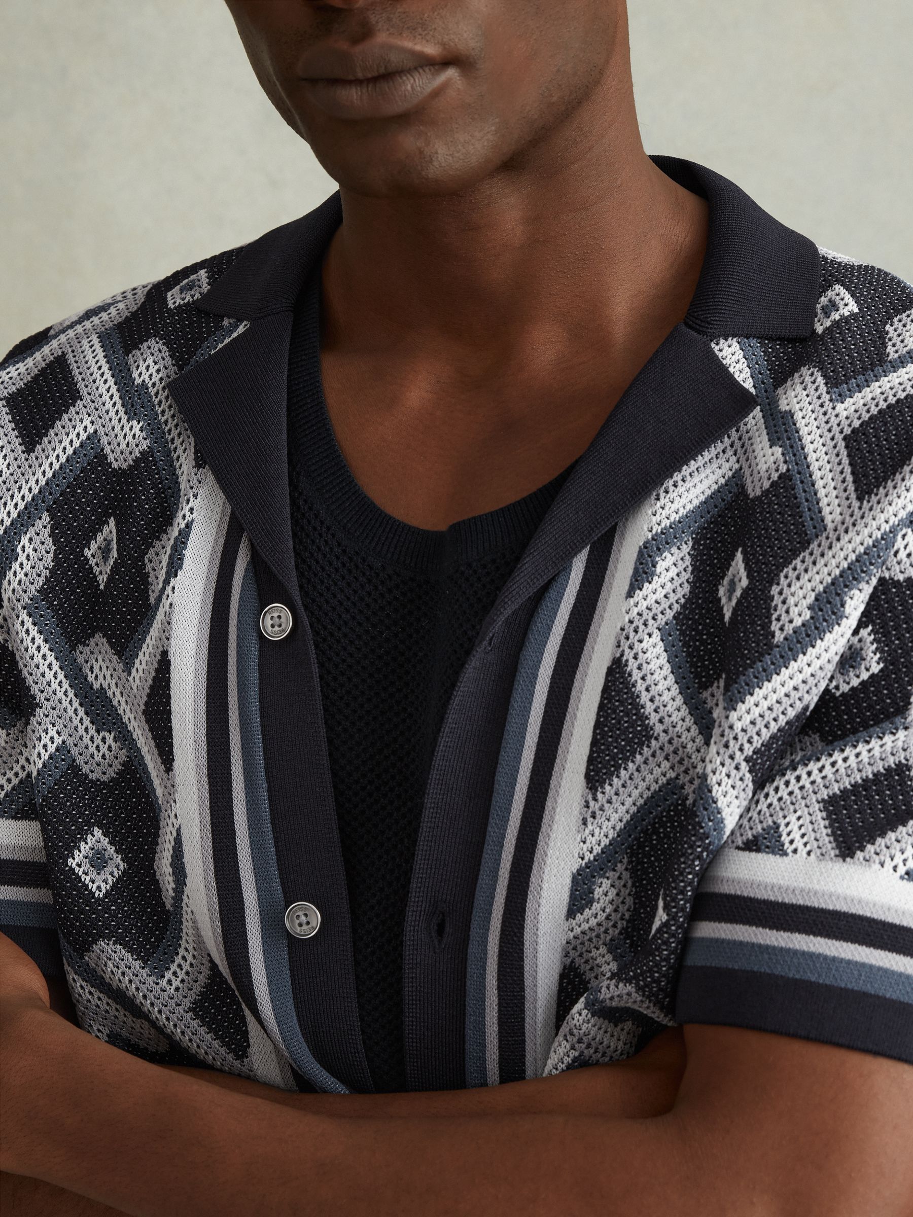 Knitted Cuban Collar Shirt in Navy Multi - Image 4 of 6