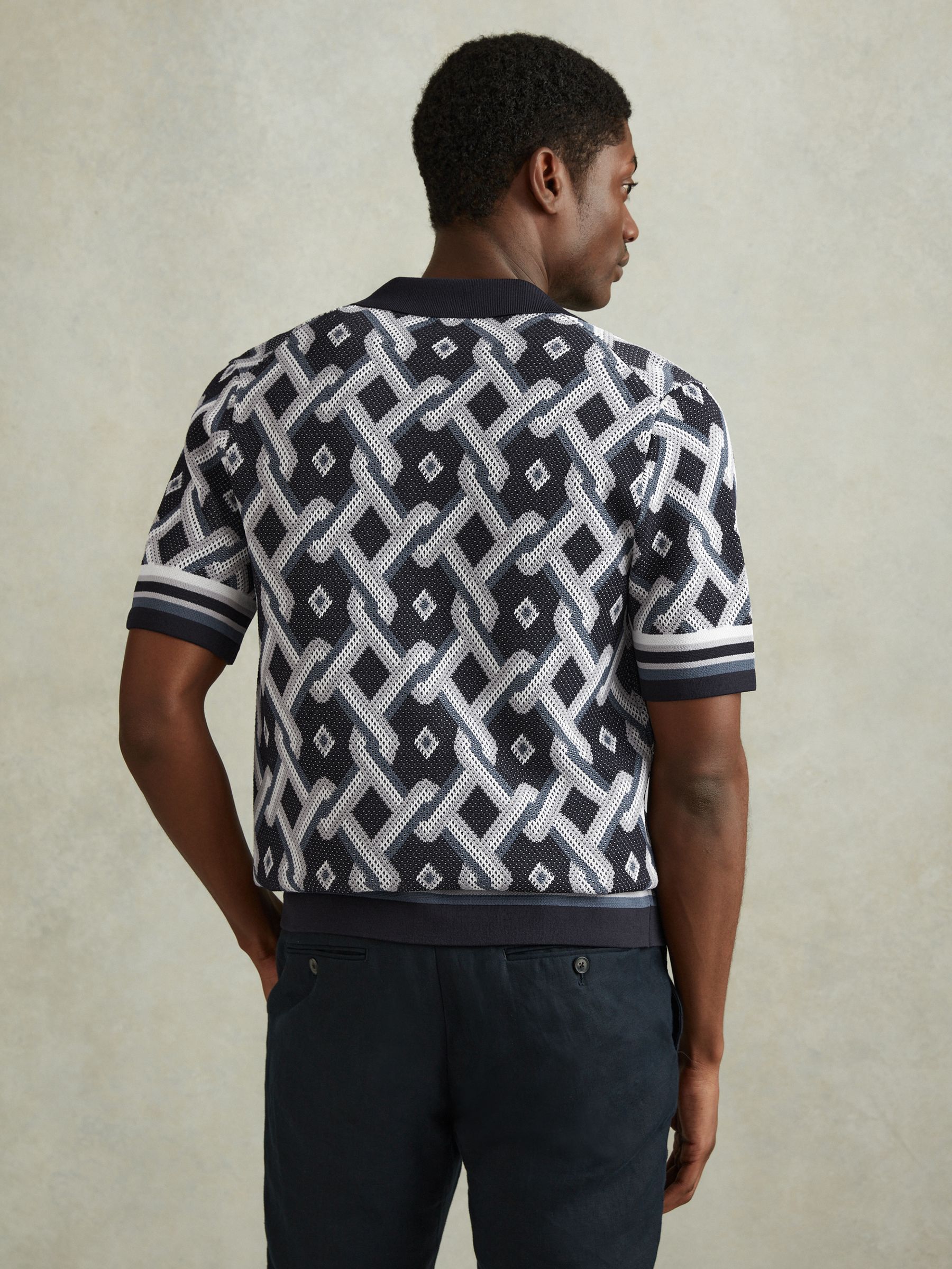 Knitted Cuban Collar Shirt in Navy Multi - Image 5 of 6