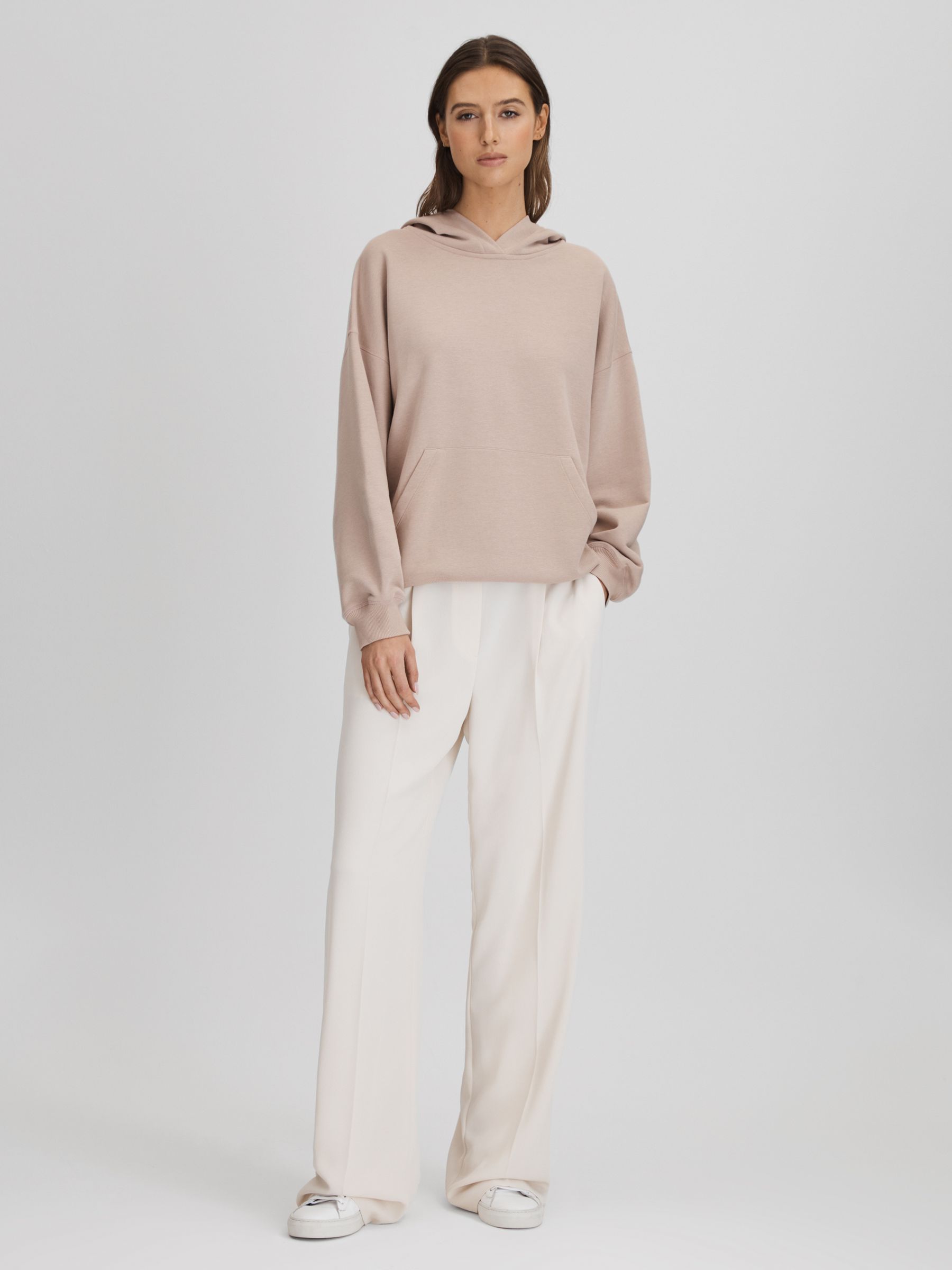 Cotton Blend Crew Neck Hoodie in Stone - Image 3 of 5