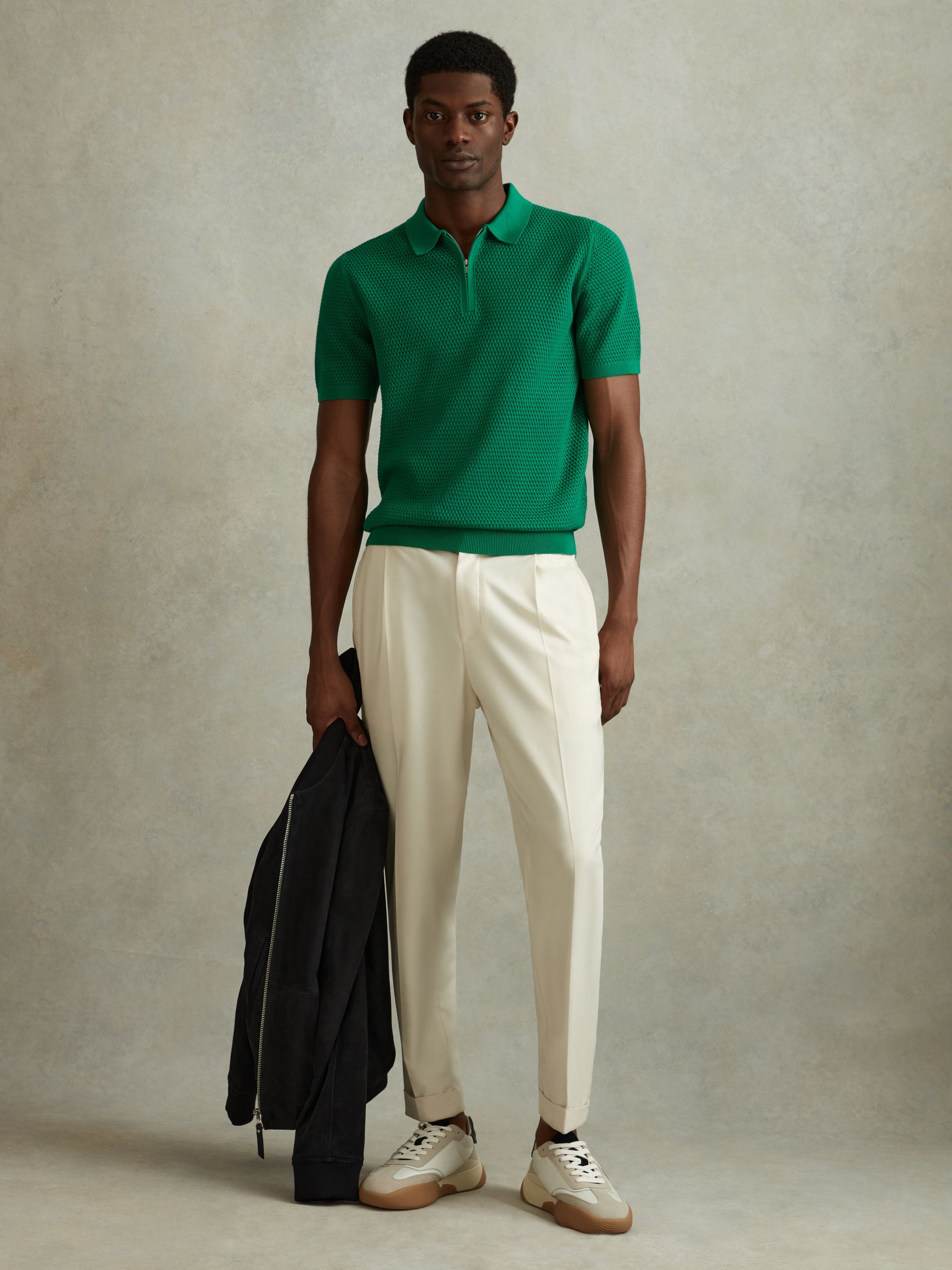 Cotton Blend Textured Half Zip Polo Shirt in Bright Green - Image 1 of 6