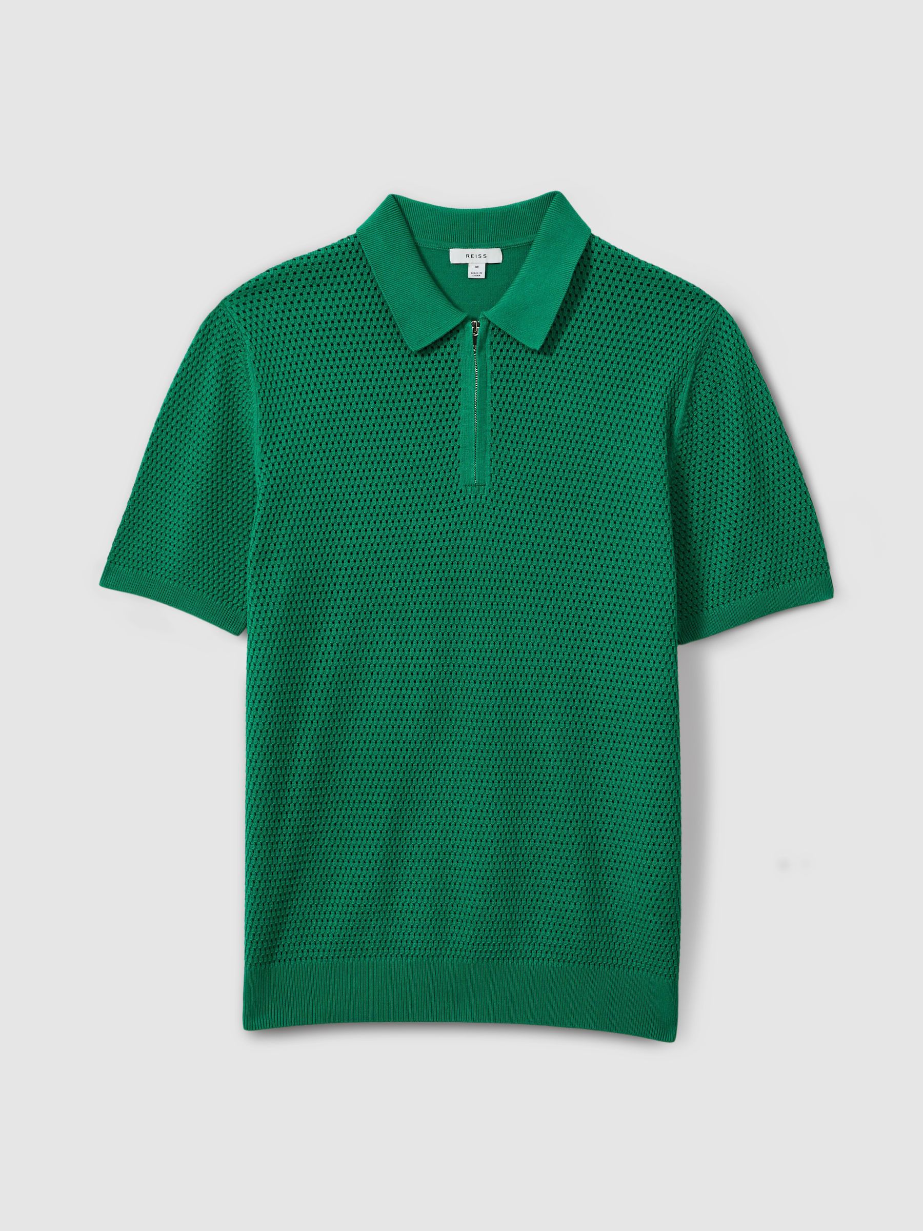 Cotton Blend Textured Half Zip Polo Shirt in Bright Green - Image 2 of 6
