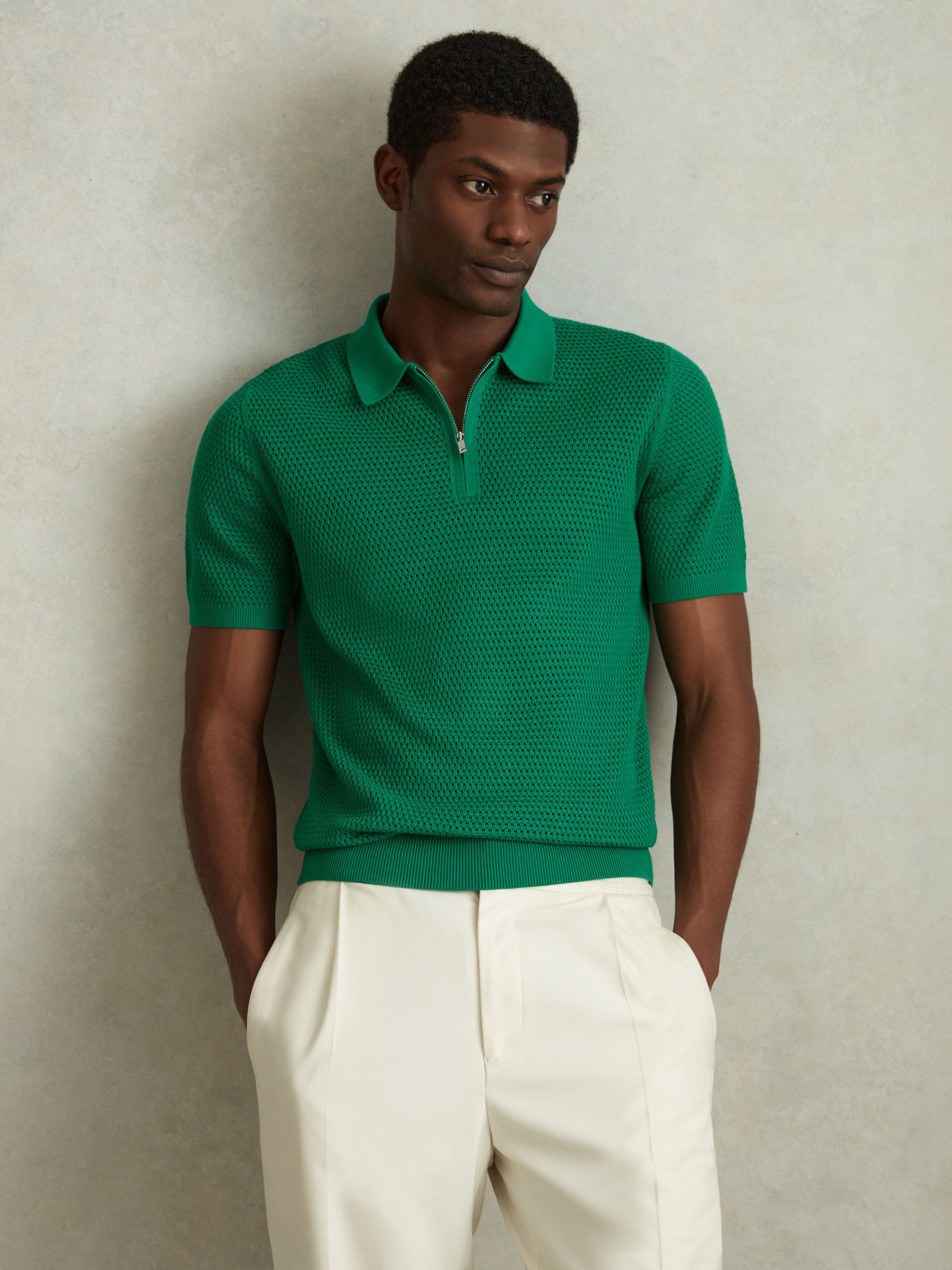 Cotton Blend Textured Half Zip Polo Shirt in Bright Green - Image 3 of 6