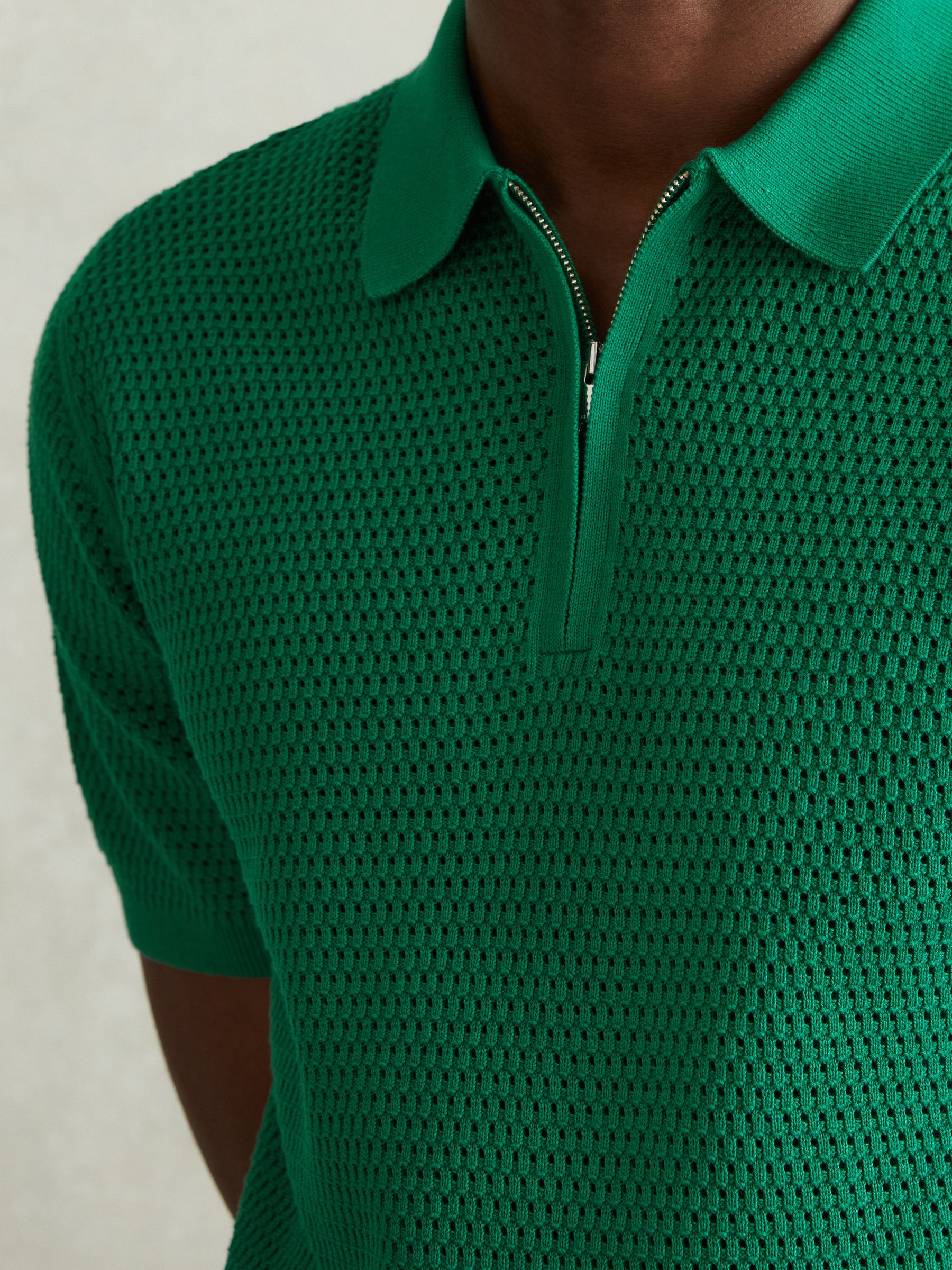 Cotton Blend Textured Half Zip Polo Shirt in Bright Green - Image 4 of 6