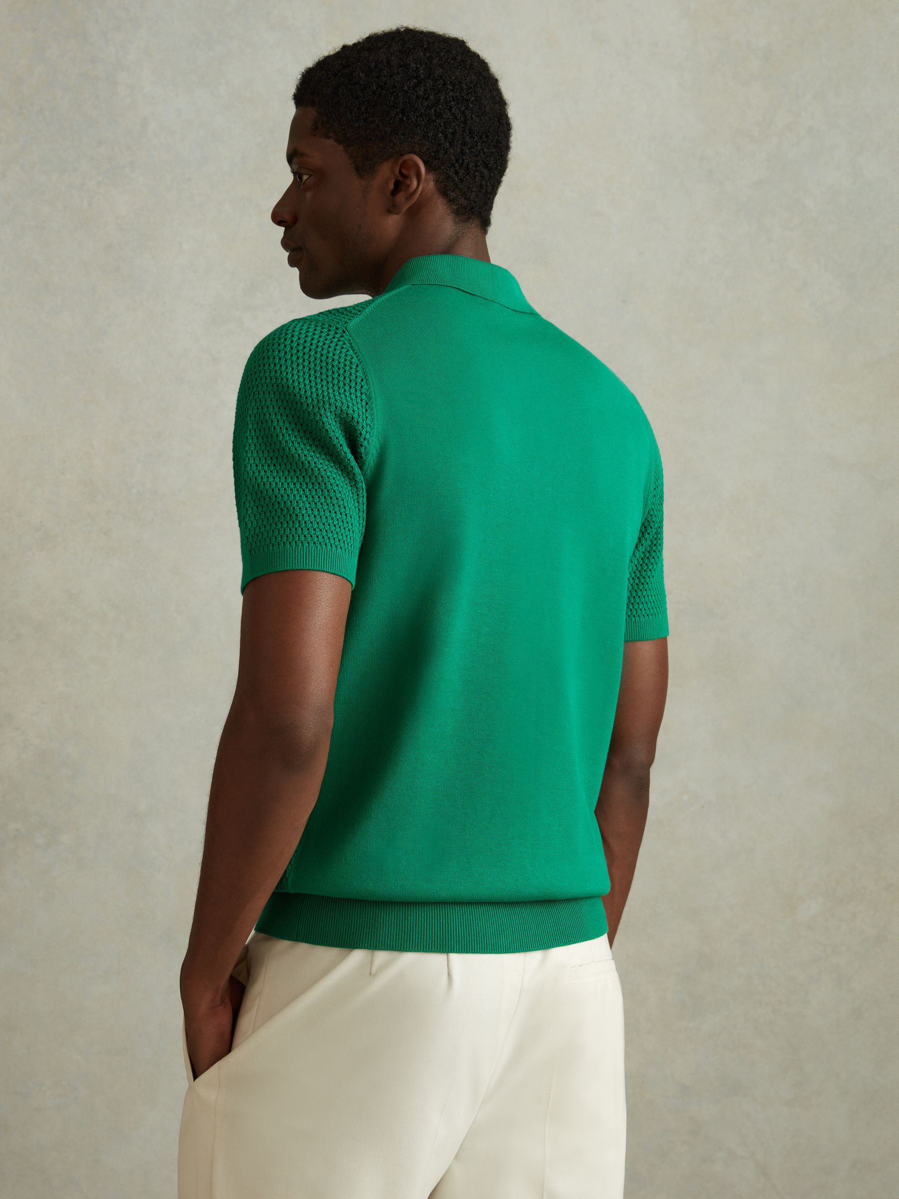 Cotton Blend Textured Half Zip Polo Shirt in Bright Green - Image 5 of 6