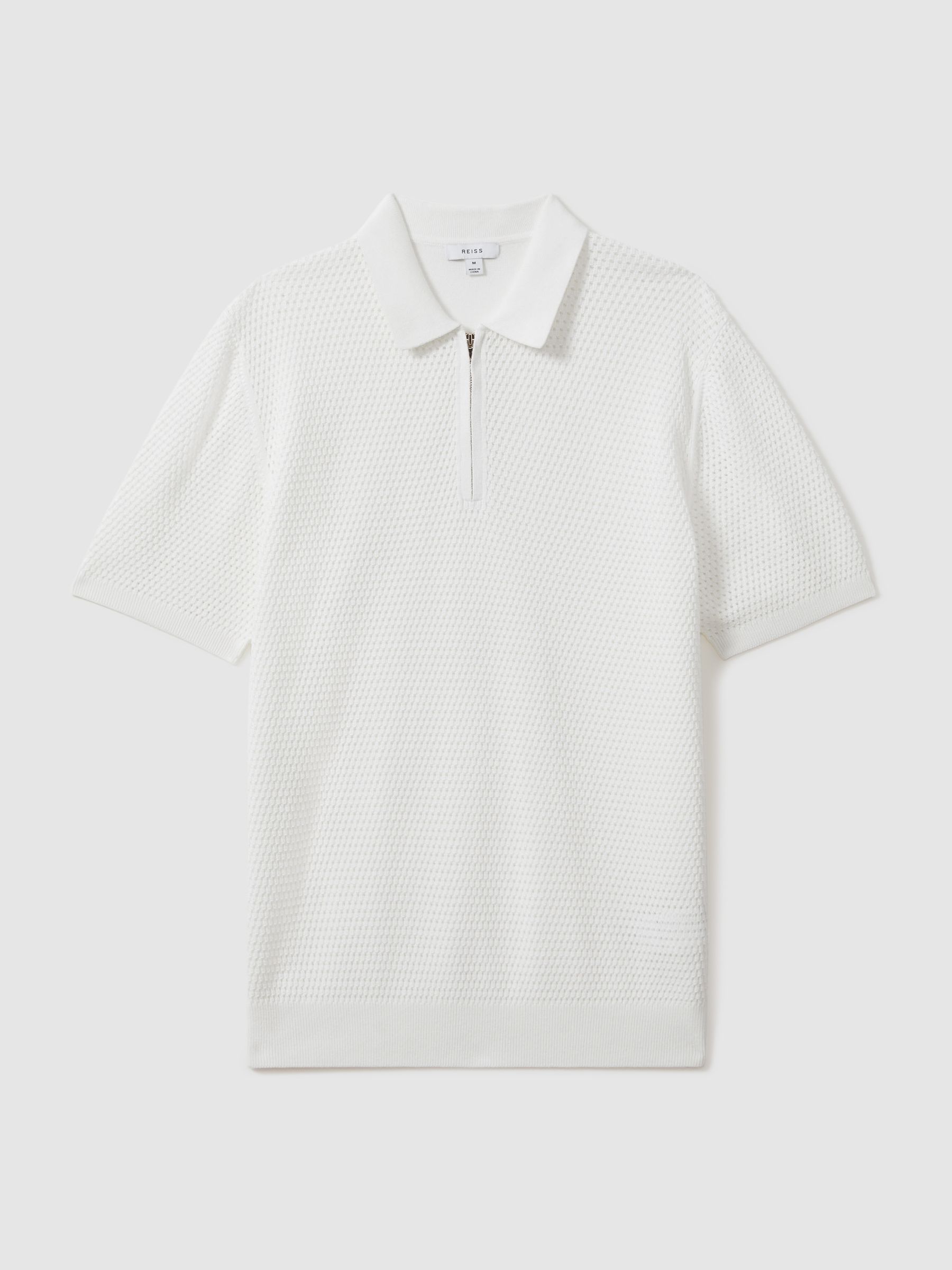 Cotton Blend Textured Half Zip Polo Shirt in Optic White - Image 2 of 6