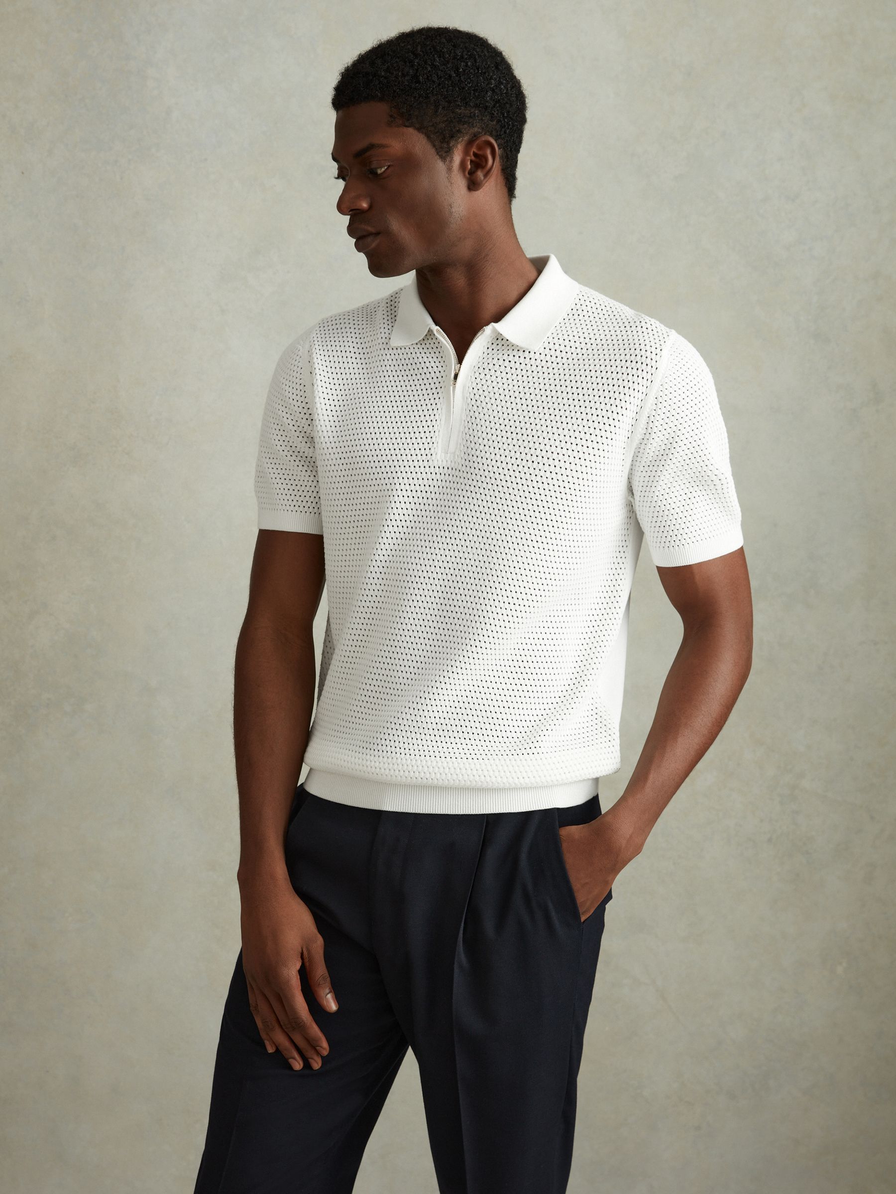 Cotton Blend Textured Half Zip Polo Shirt in Optic White - Image 4 of 6