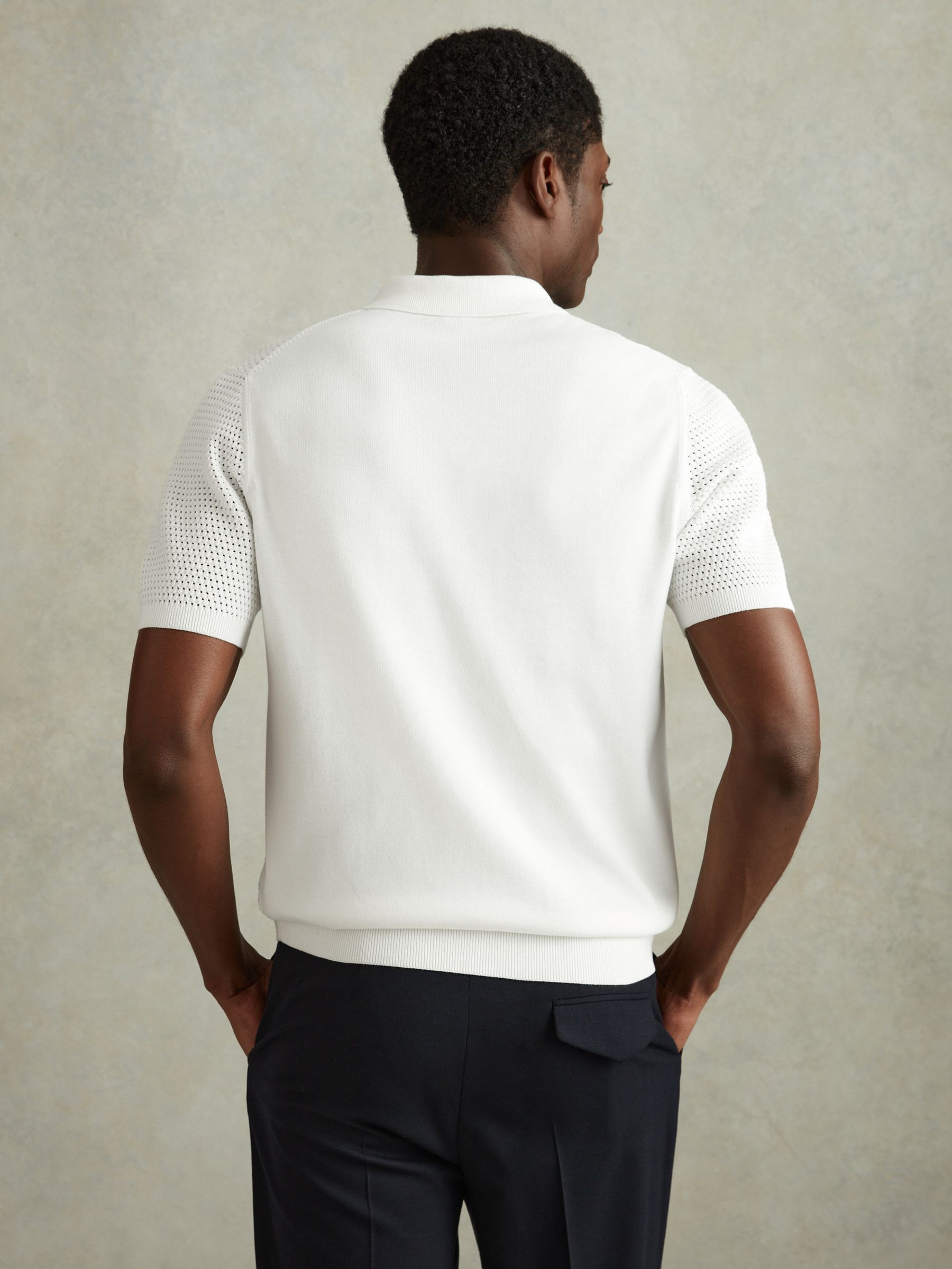 Cotton Blend Textured Half Zip Polo Shirt in Optic White - Image 5 of 6