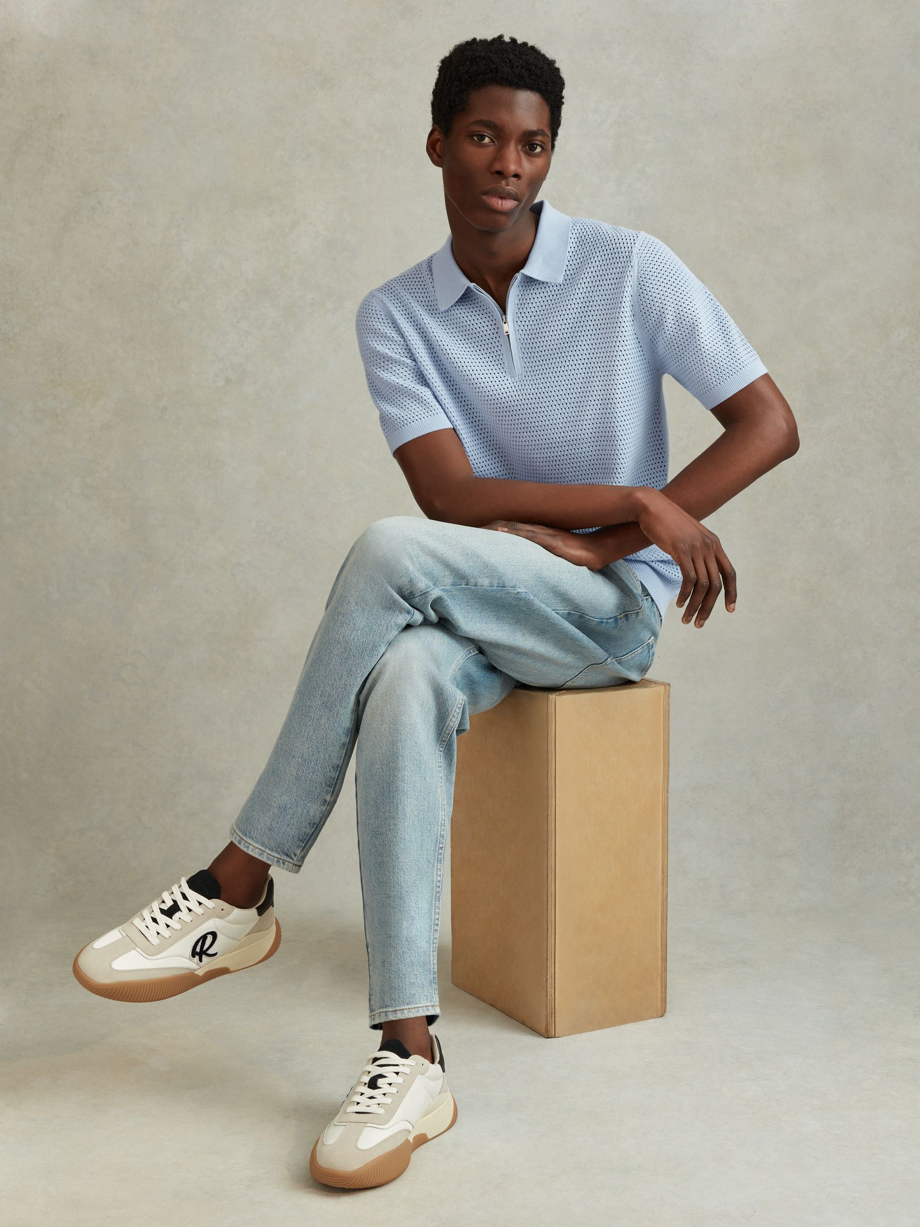 Cotton Blend Textured Half Zip Polo Shirt in Soft Blue - Image 1 of 6