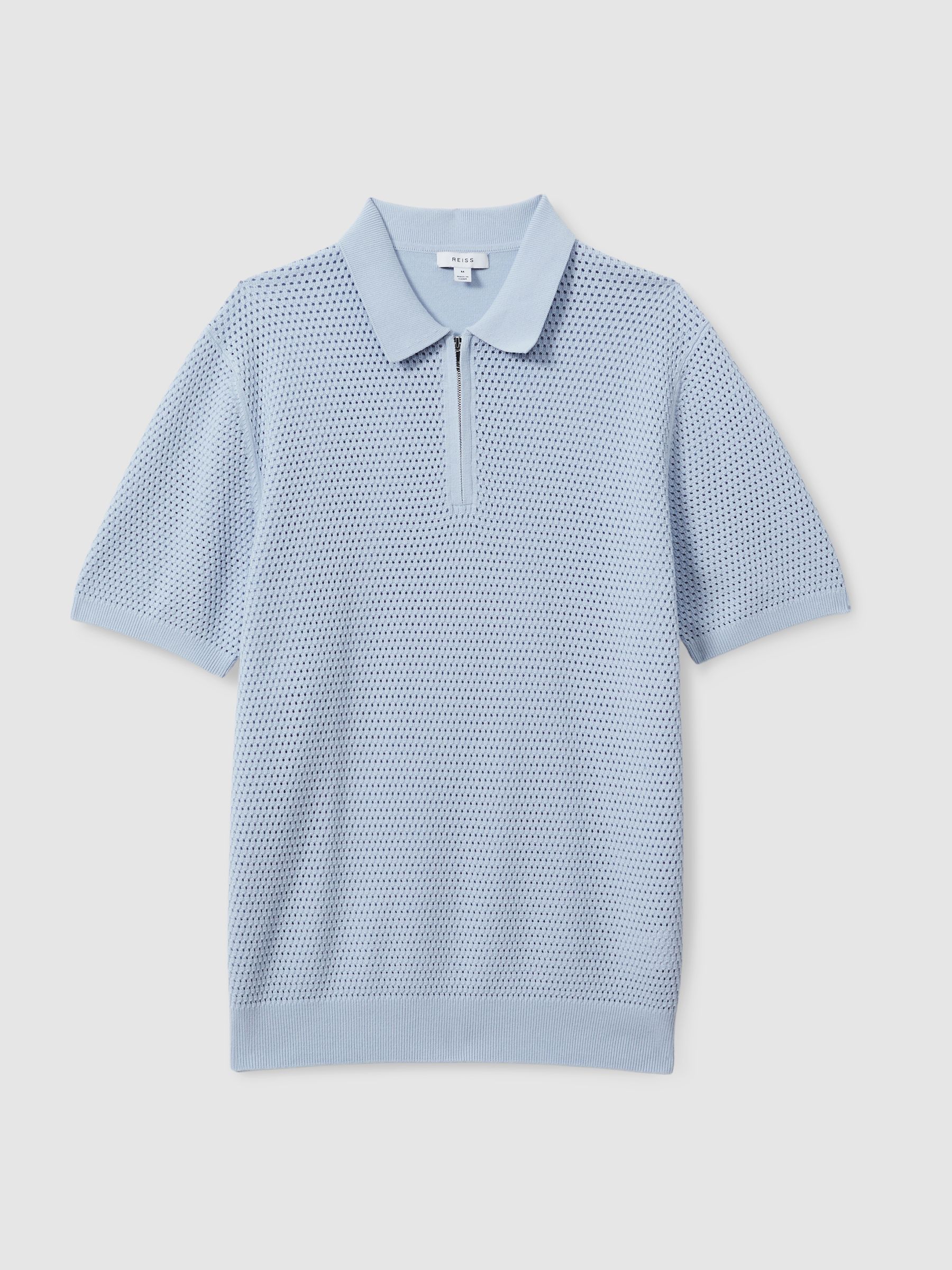 Reiss Cotton Blend Textured Half Zip Polo Shirt in Soft Blue | REISS