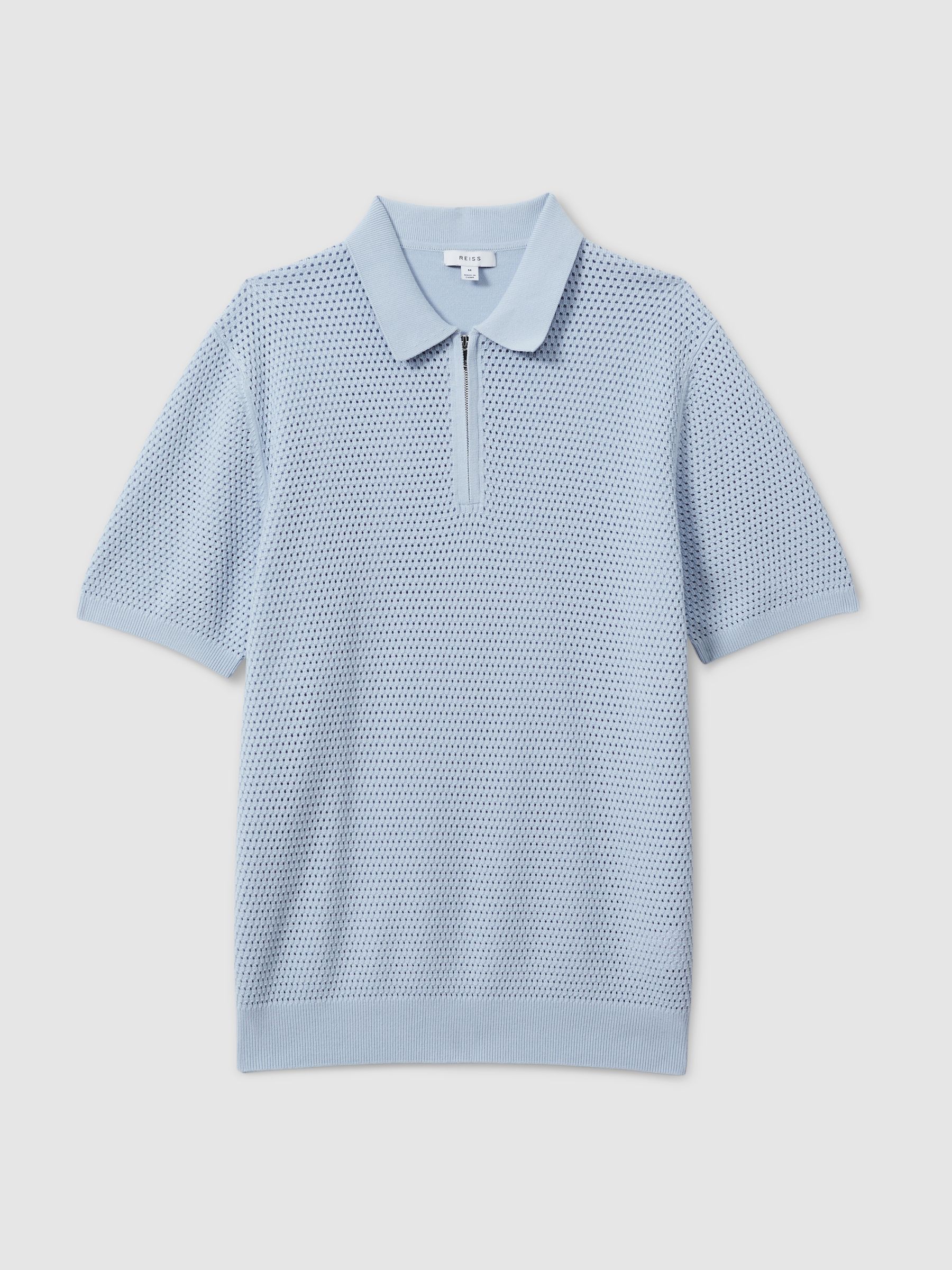Cotton Blend Textured Half Zip Polo Shirt in Soft Blue - Image 2 of 6