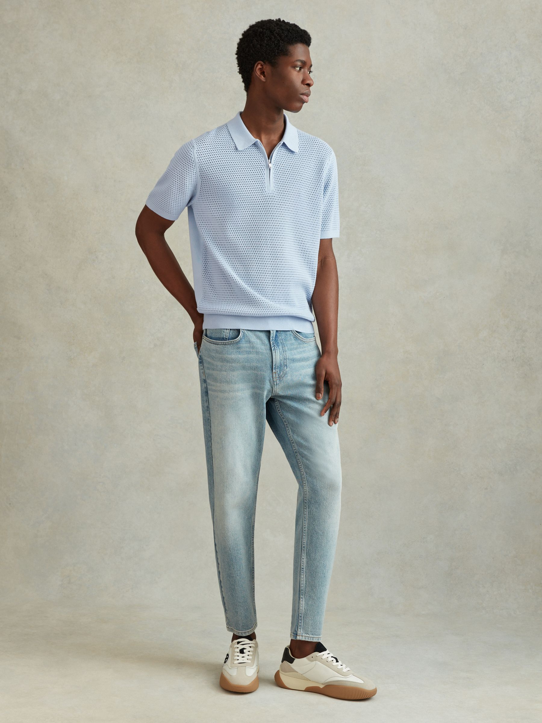 Cotton Blend Textured Half Zip Polo Shirt in Soft Blue - Image 3 of 6