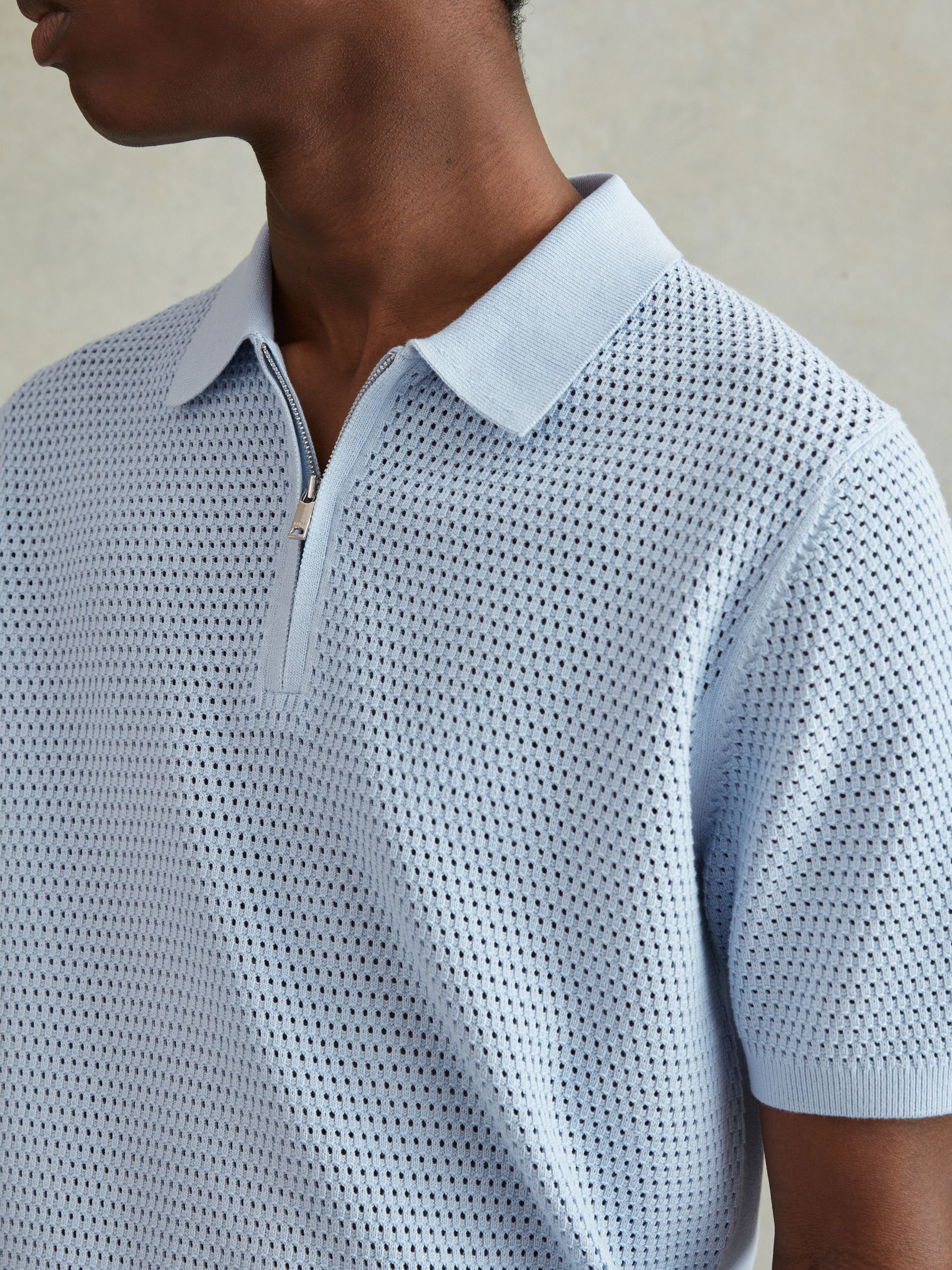 Cotton Blend Textured Half Zip Polo Shirt in Soft Blue - Image 4 of 6