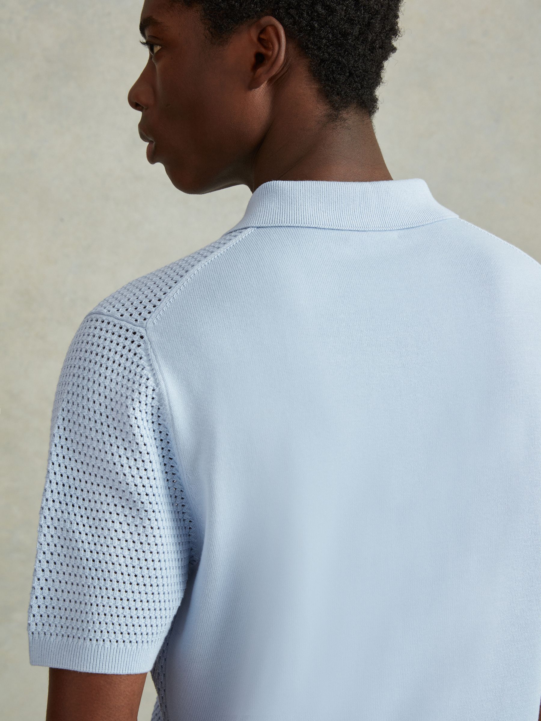 Cotton Blend Textured Half Zip Polo Shirt in Soft Blue - Image 5 of 6