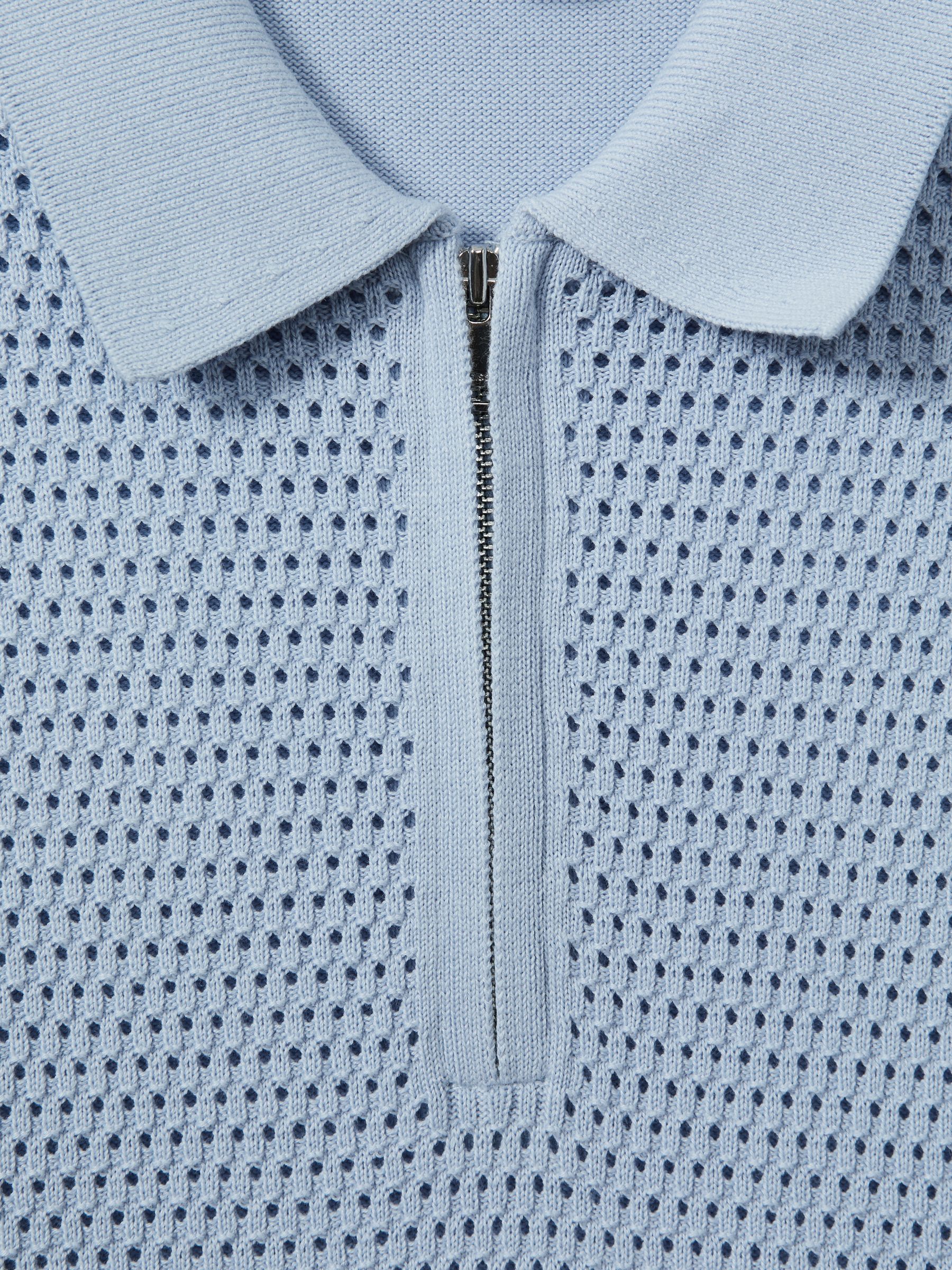 Cotton Blend Textured Half Zip Polo Shirt in Soft Blue - Image 6 of 6