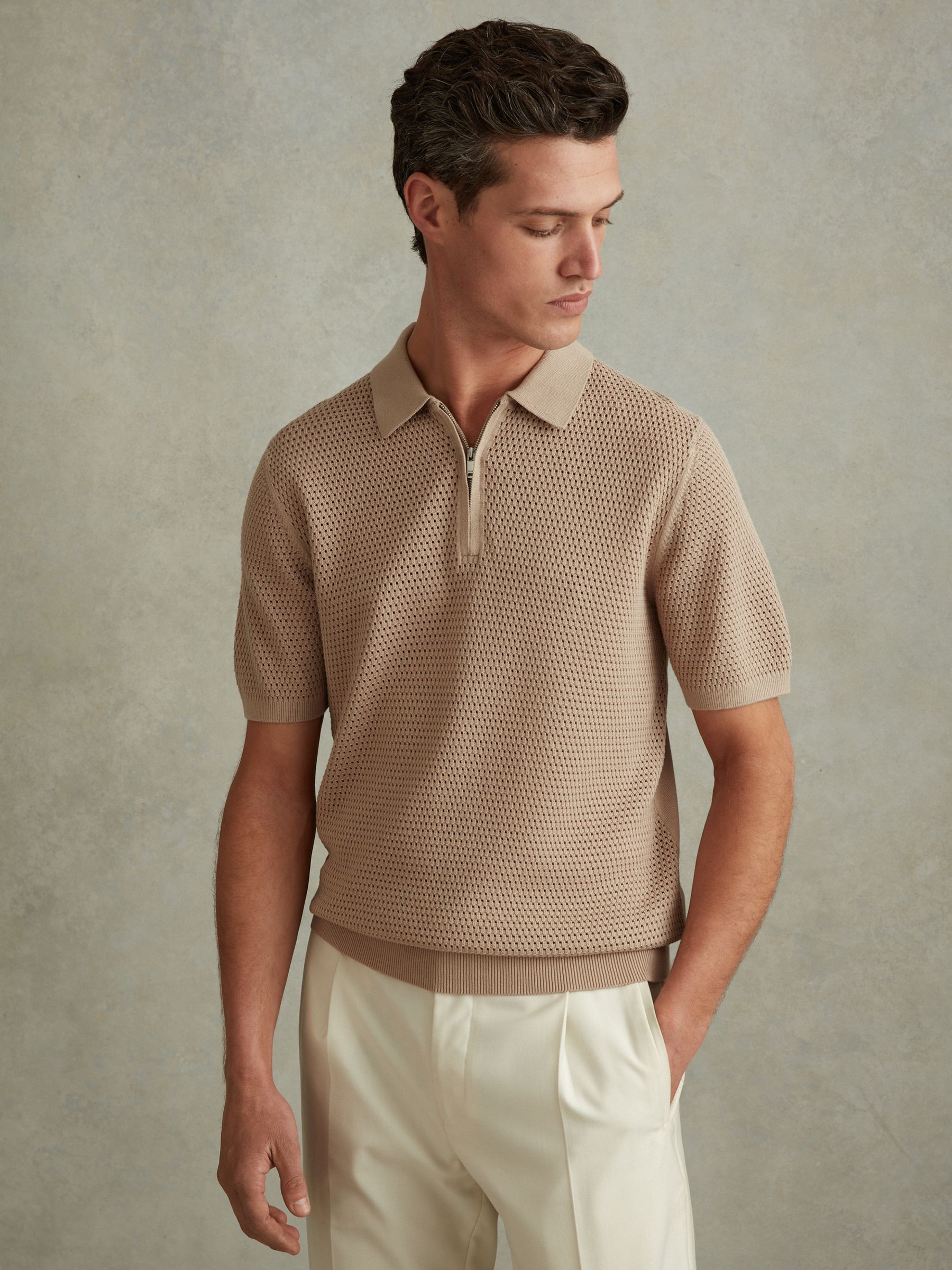 Cotton Blend Textured Half Zip Polo Shirt in Taupe - Image 1 of 6