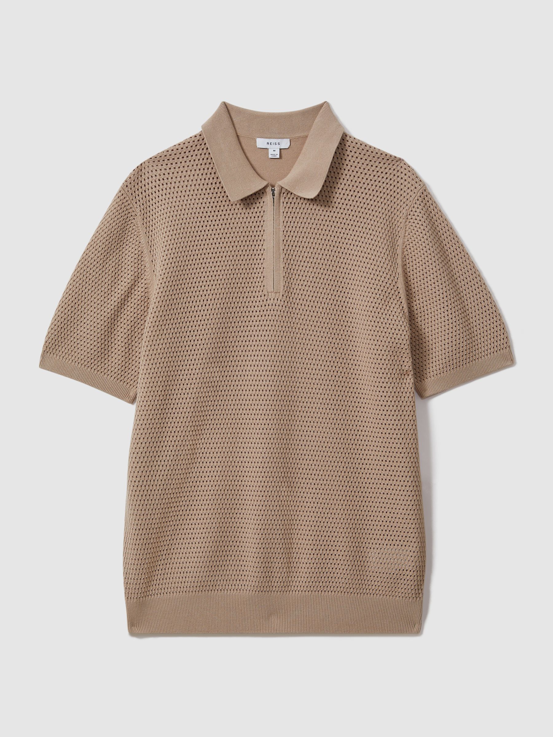 Reiss Cotton Blend Textured Half Zip Polo Shirt in Taupe | REISS