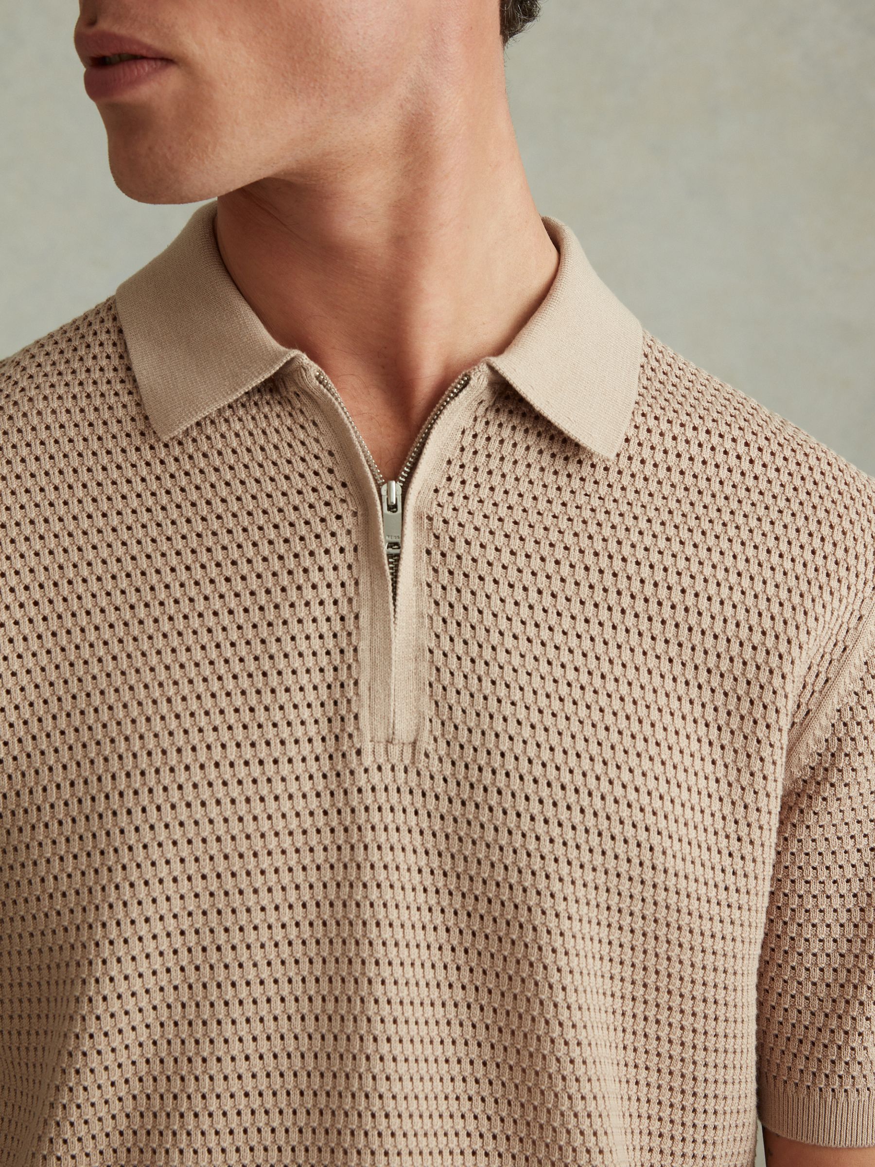 Cotton Blend Textured Half Zip Polo Shirt in Taupe - Image 3 of 6