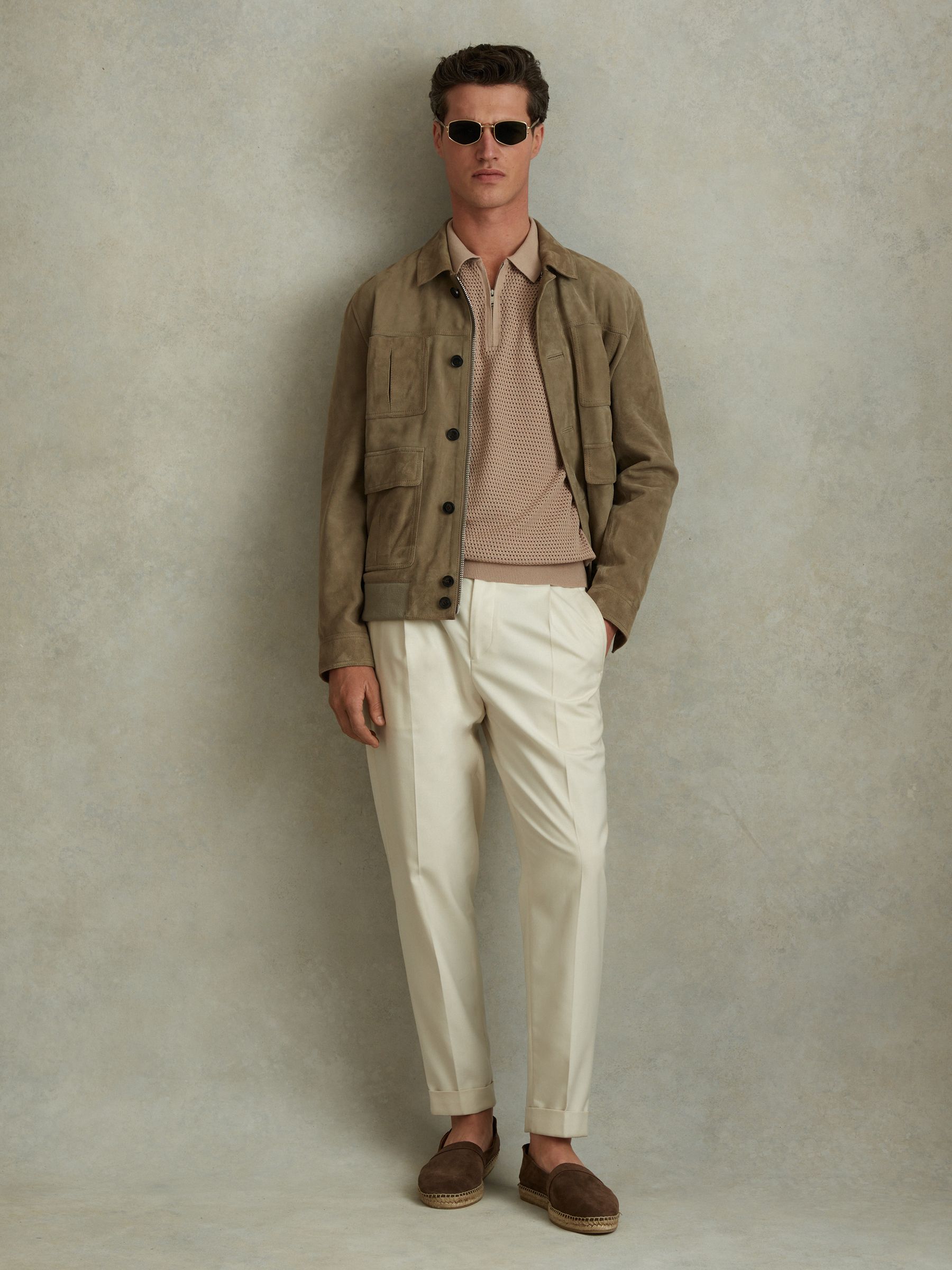 Cotton Blend Textured Half Zip Polo Shirt in Taupe - Image 4 of 6