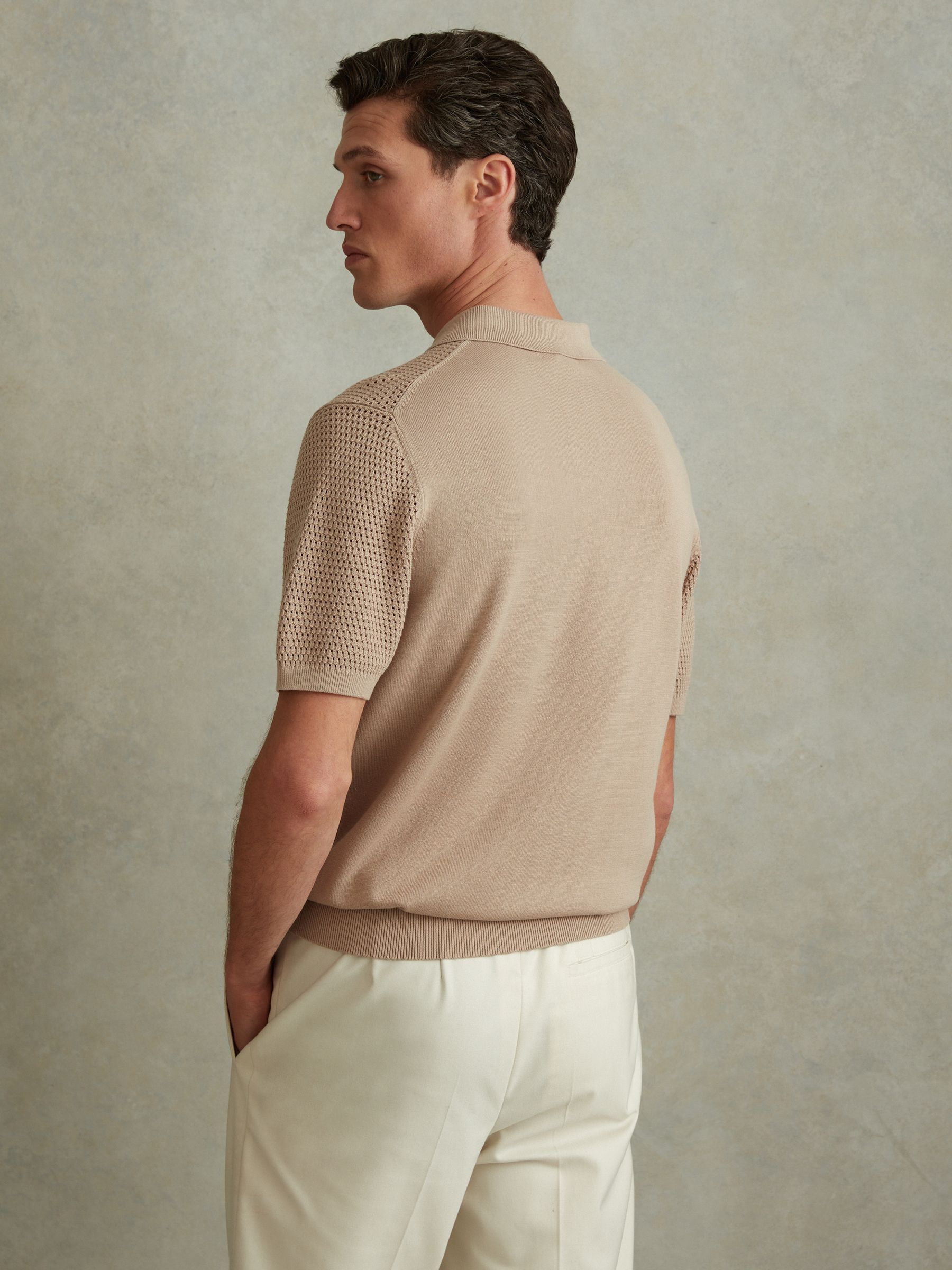 Cotton Blend Textured Half Zip Polo Shirt in Taupe - Image 5 of 6