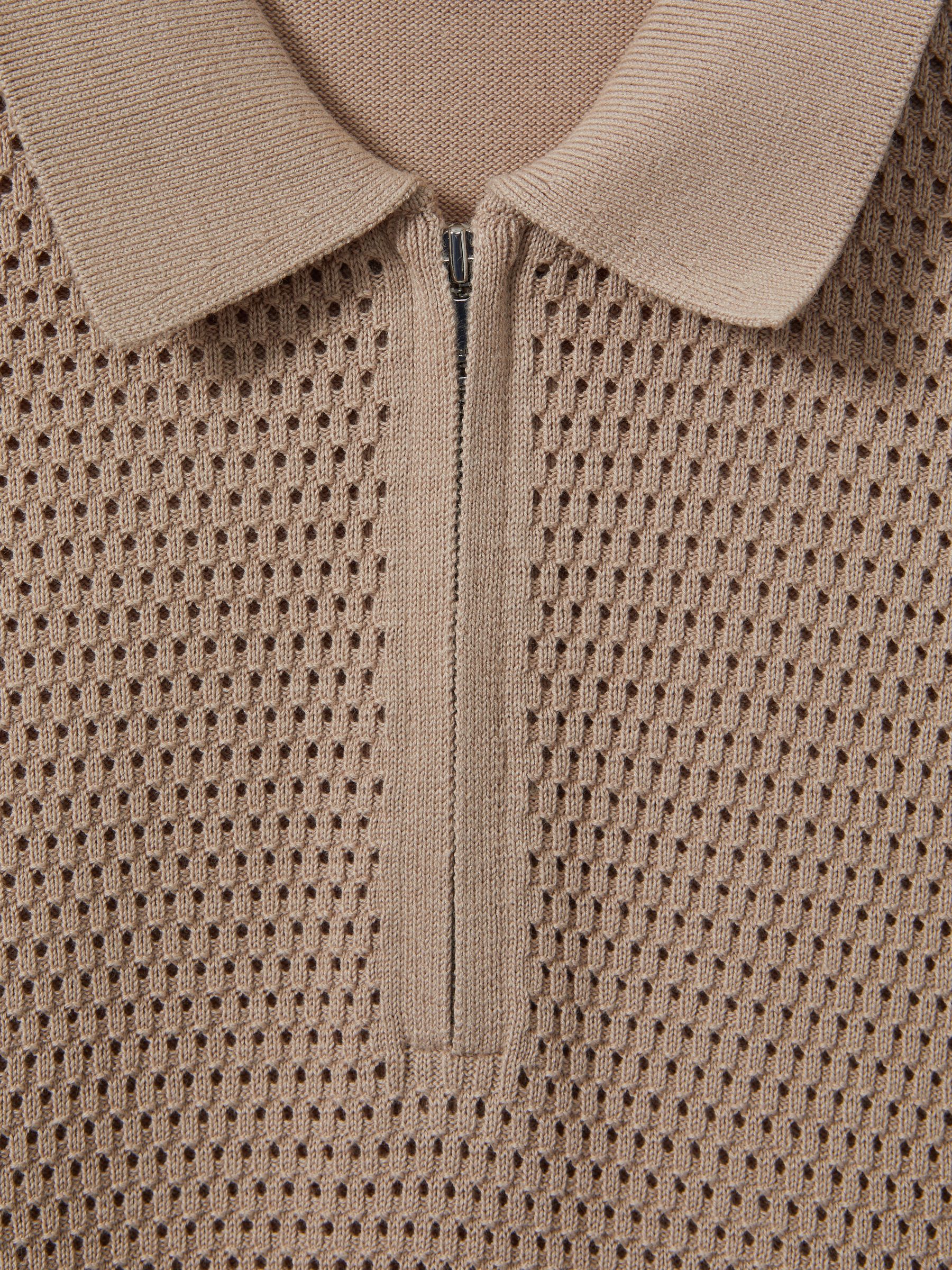 Cotton Blend Textured Half Zip Polo Shirt in Taupe - Image 6 of 6
