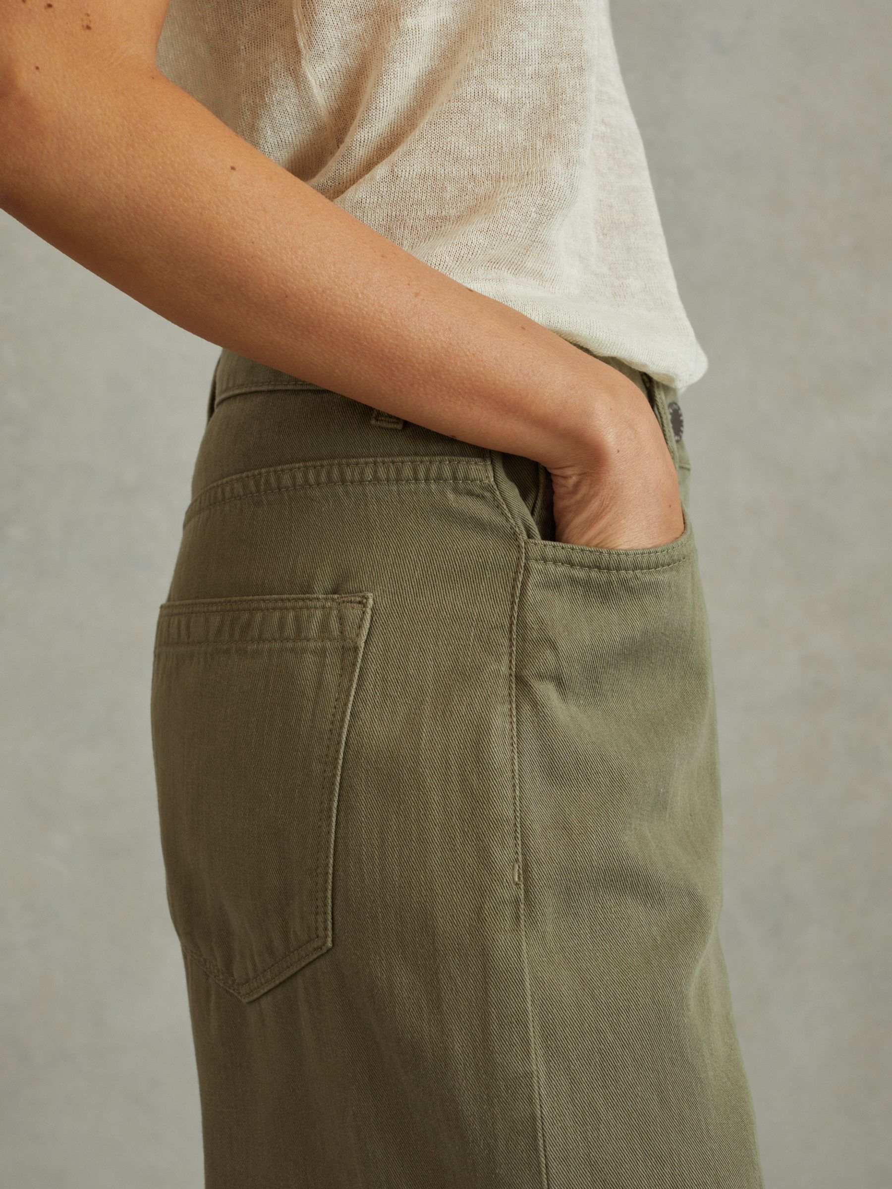 Reiss Garment Dyed Wide Leg Trousers in Khaki | REISS