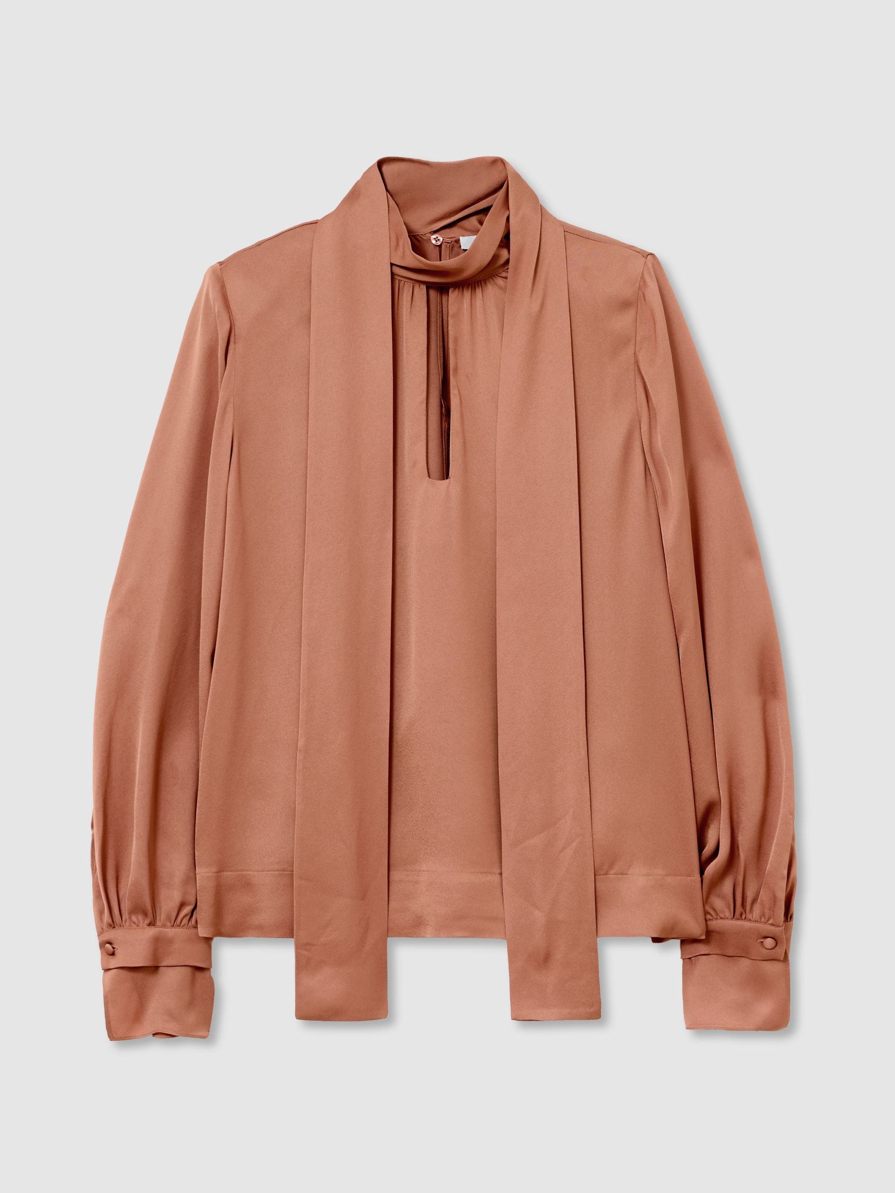 High-Neck Tie-Back Keyhole Blouse in Peach Orange - Image 2 of 8 High-Neck Tie-Back Keyhole Blouse in Peach Orange - Image 2 of 8