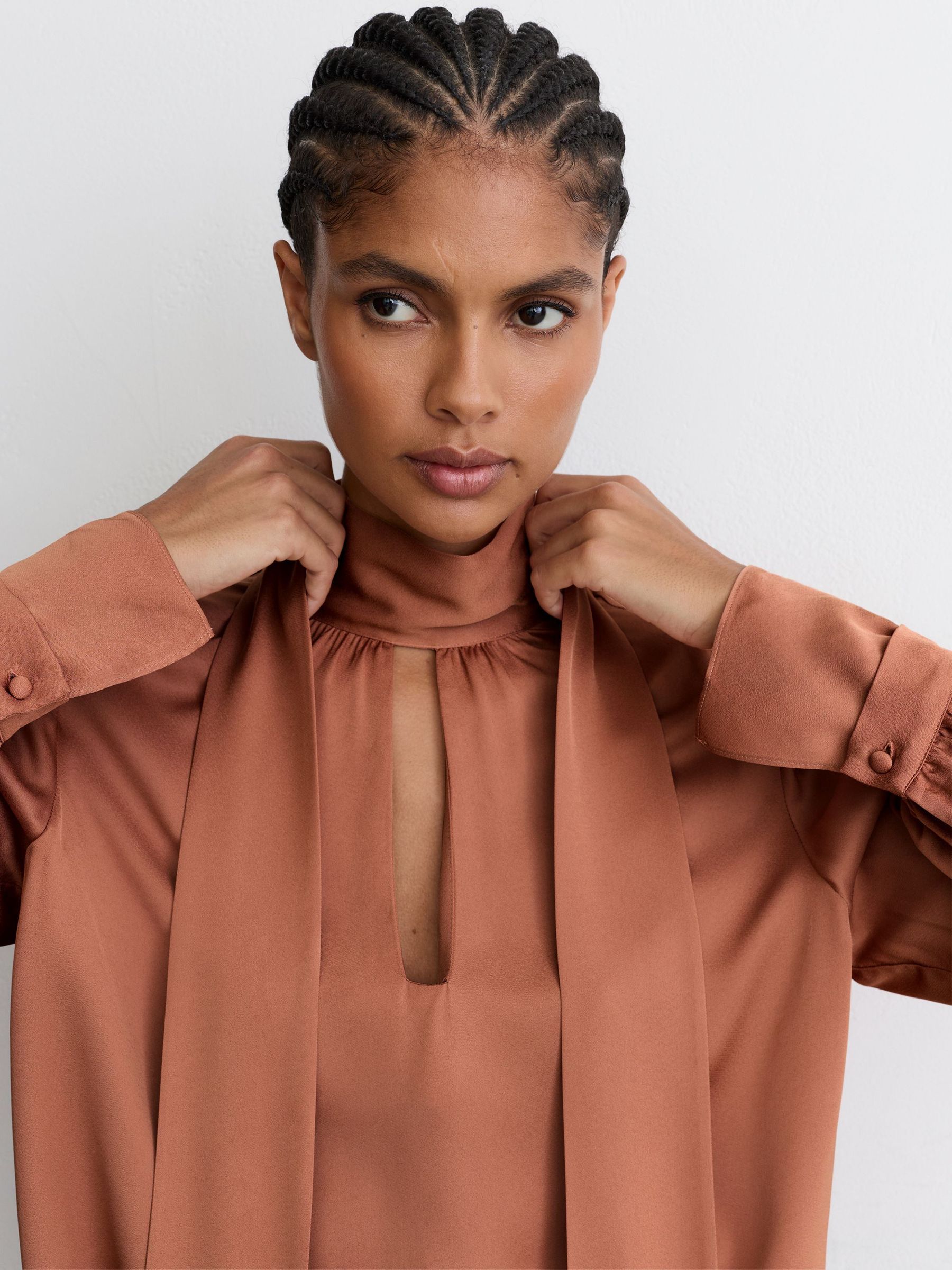 High-Neck Tie-Back Keyhole Blouse in Peach Orange - Image 3 of 8