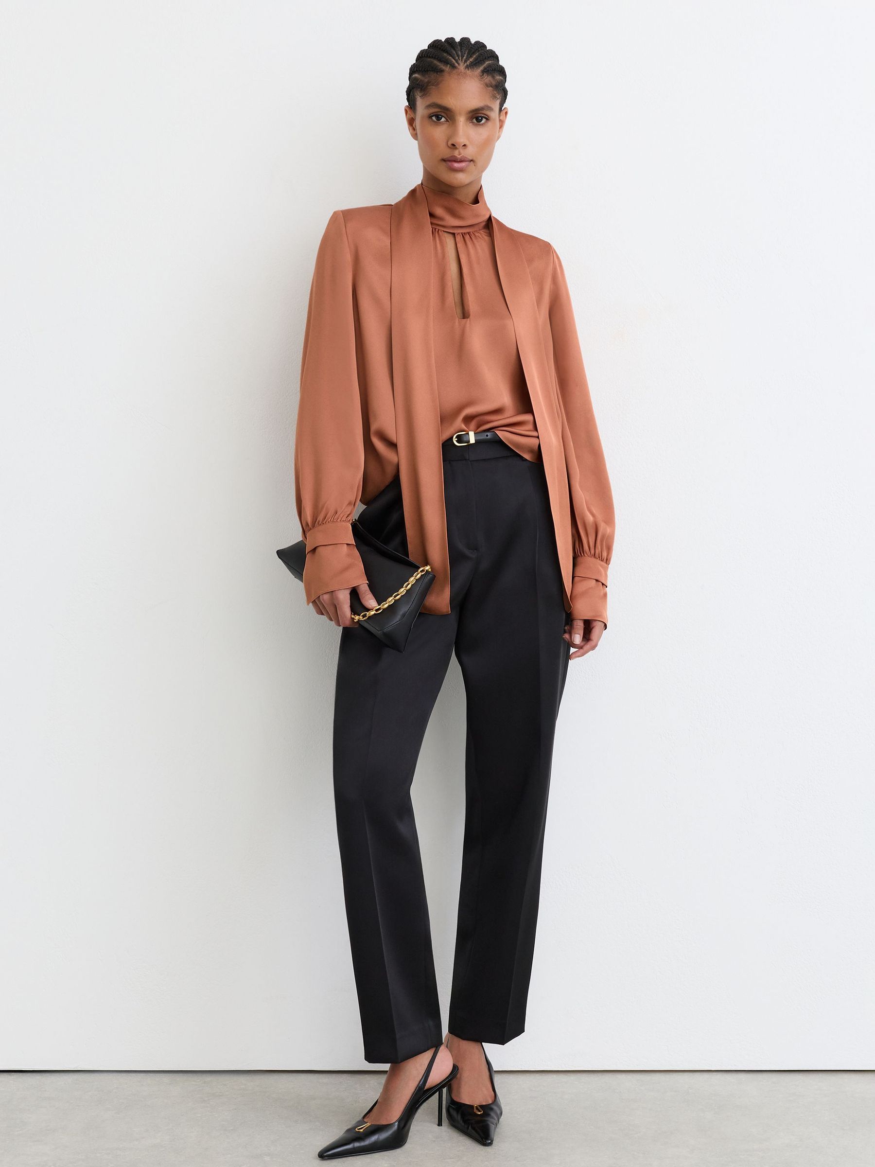 High-Neck Tie-Back Keyhole Blouse in Peach Orange - Image 4 of 8