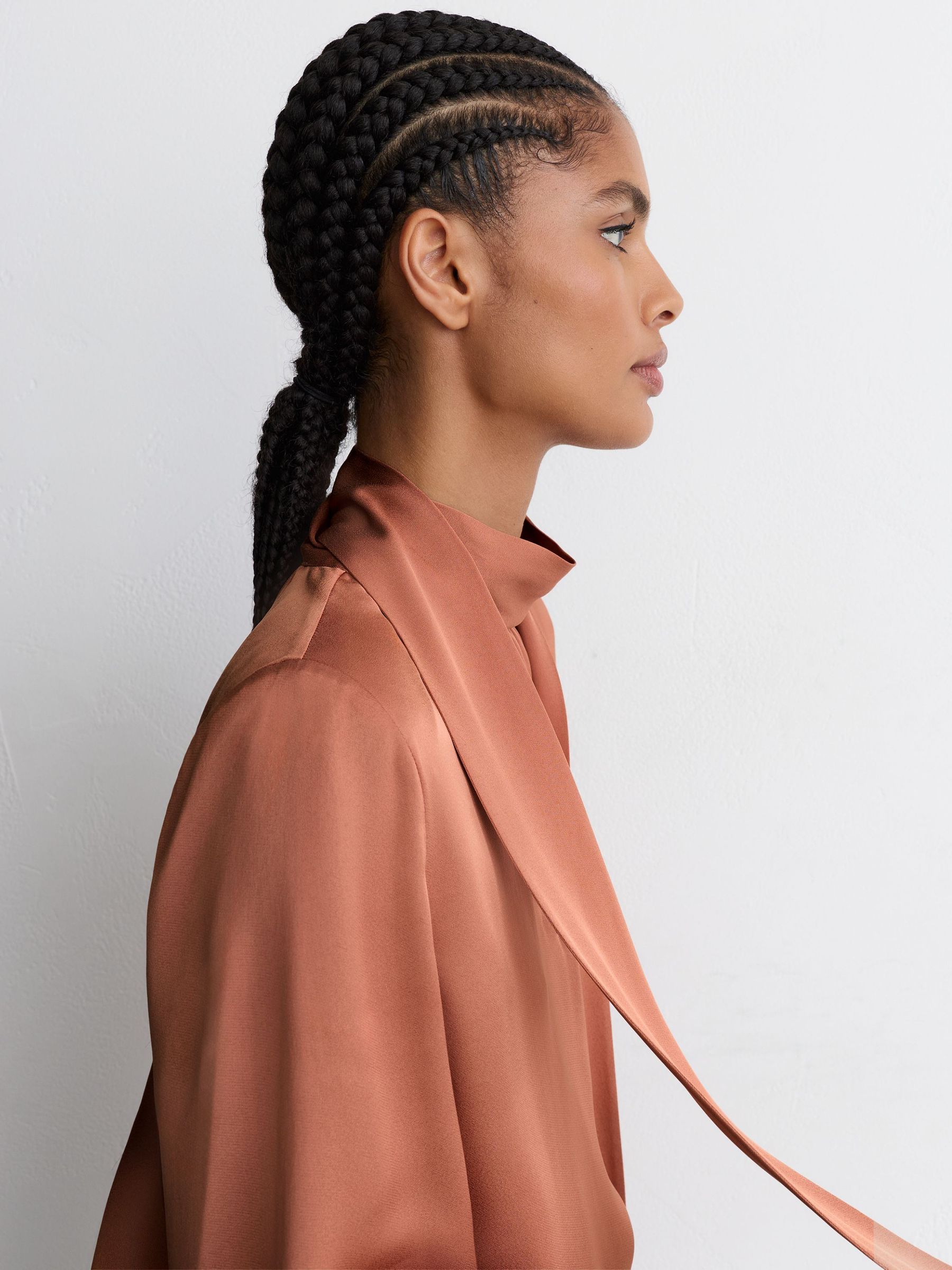High-Neck Tie-Back Keyhole Blouse in Peach Orange - Image 5 of 8
