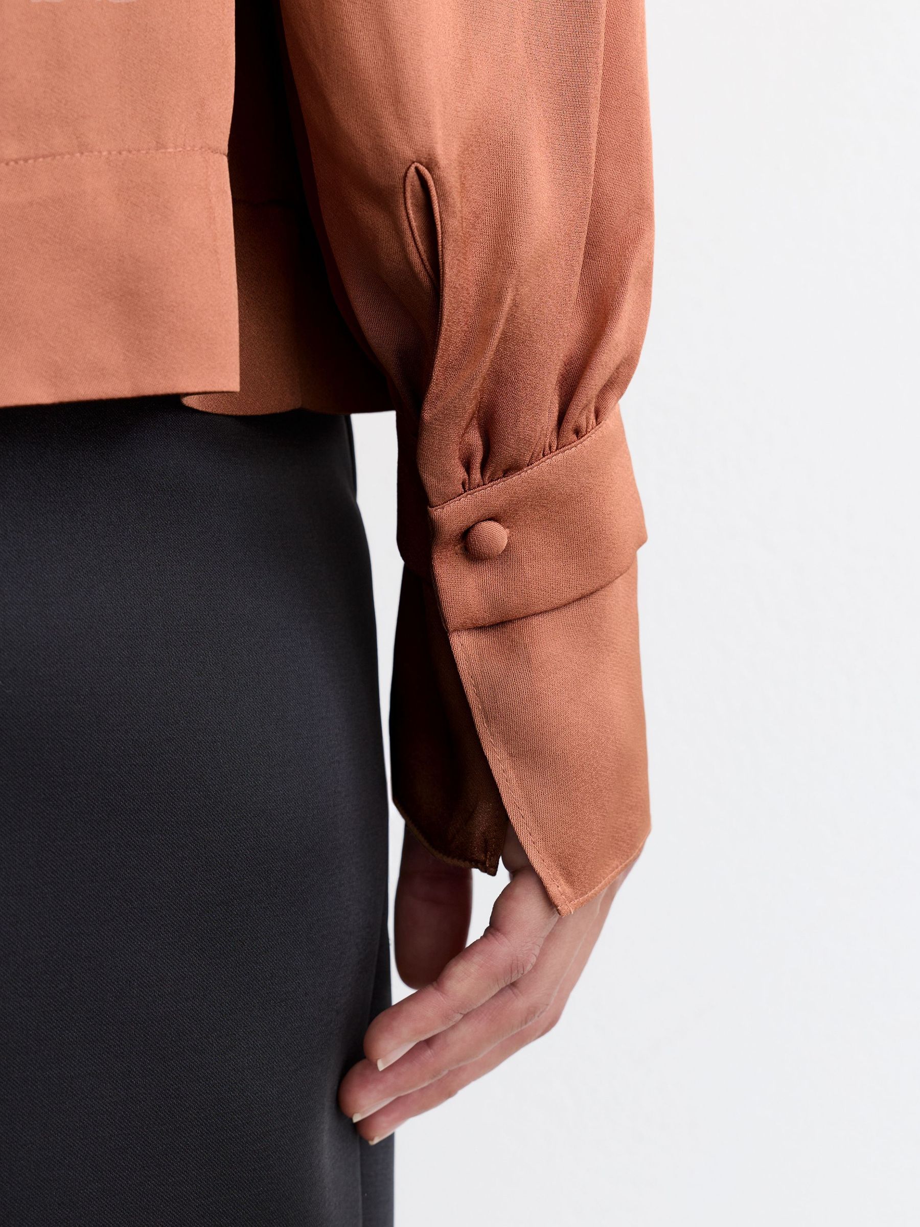 High-Neck Tie-Back Keyhole Blouse in Peach Orange - Image 6 of 8