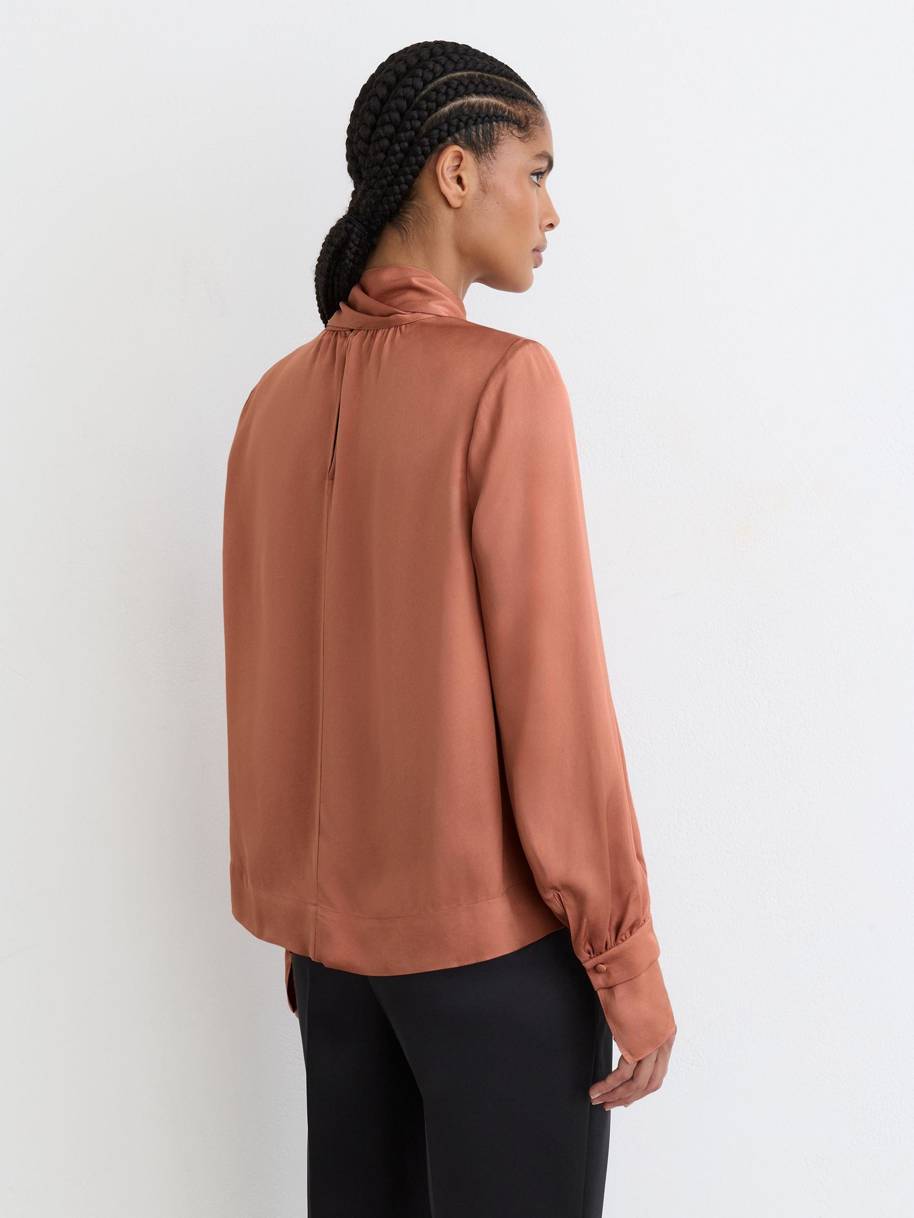 High-Neck Tie-Back Keyhole Blouse in Peach Orange - Image 7 of 8