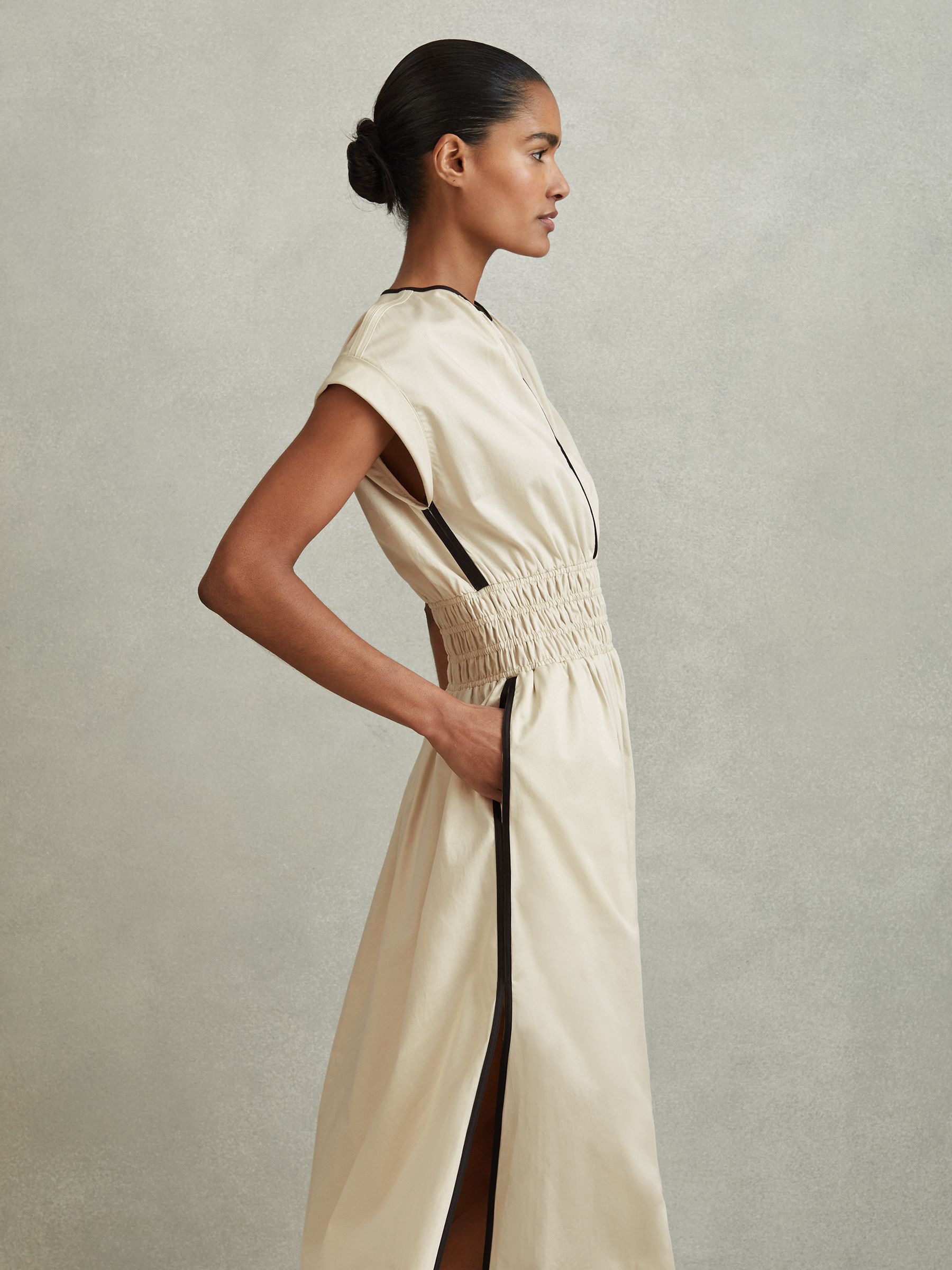 Cotton Ruched Waist Midi Dress in Neutral/Black - Image 1 of 6