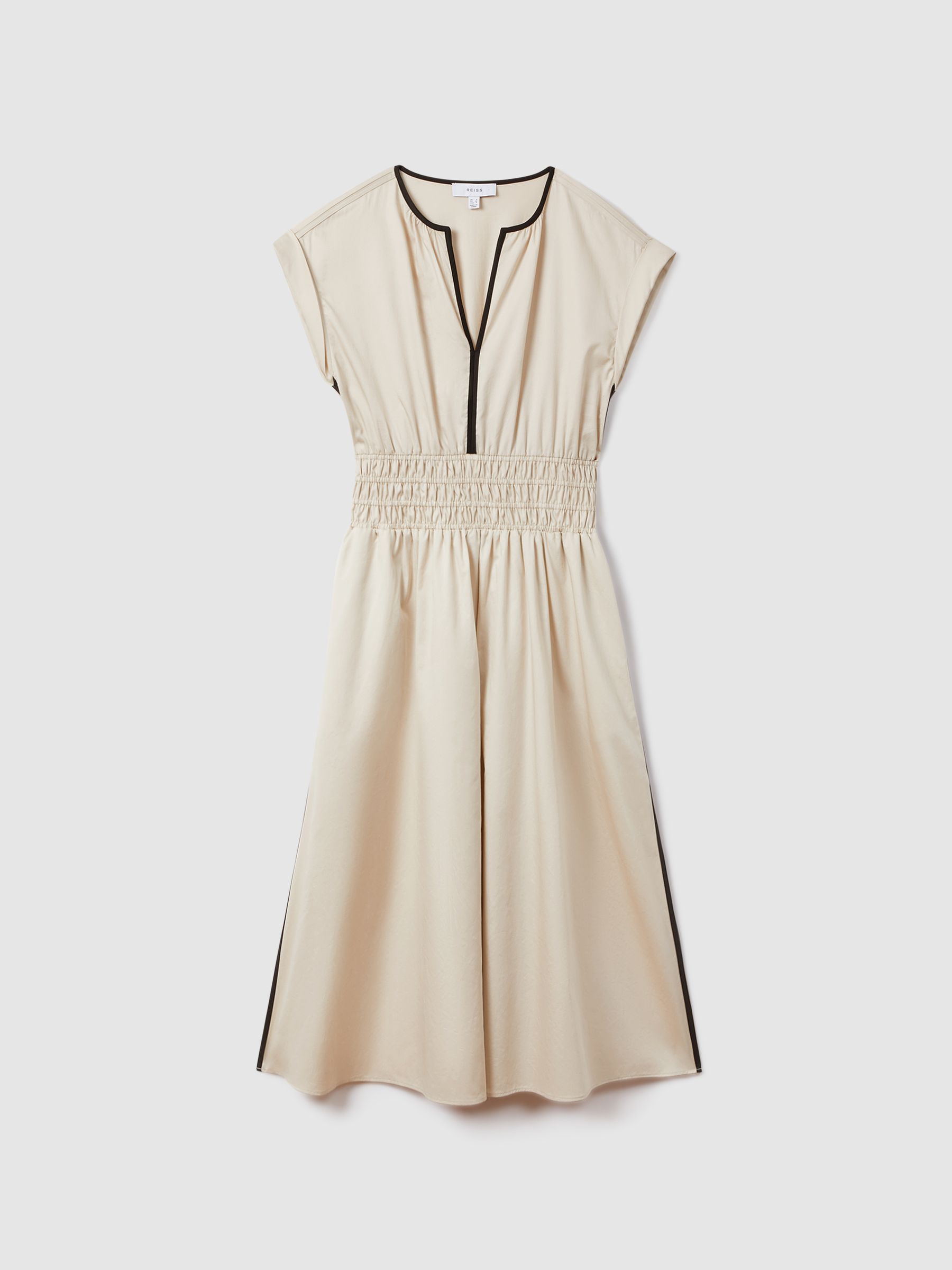 Cotton Ruched Waist Midi Dress in Neutral/Black - Image 2 of 6