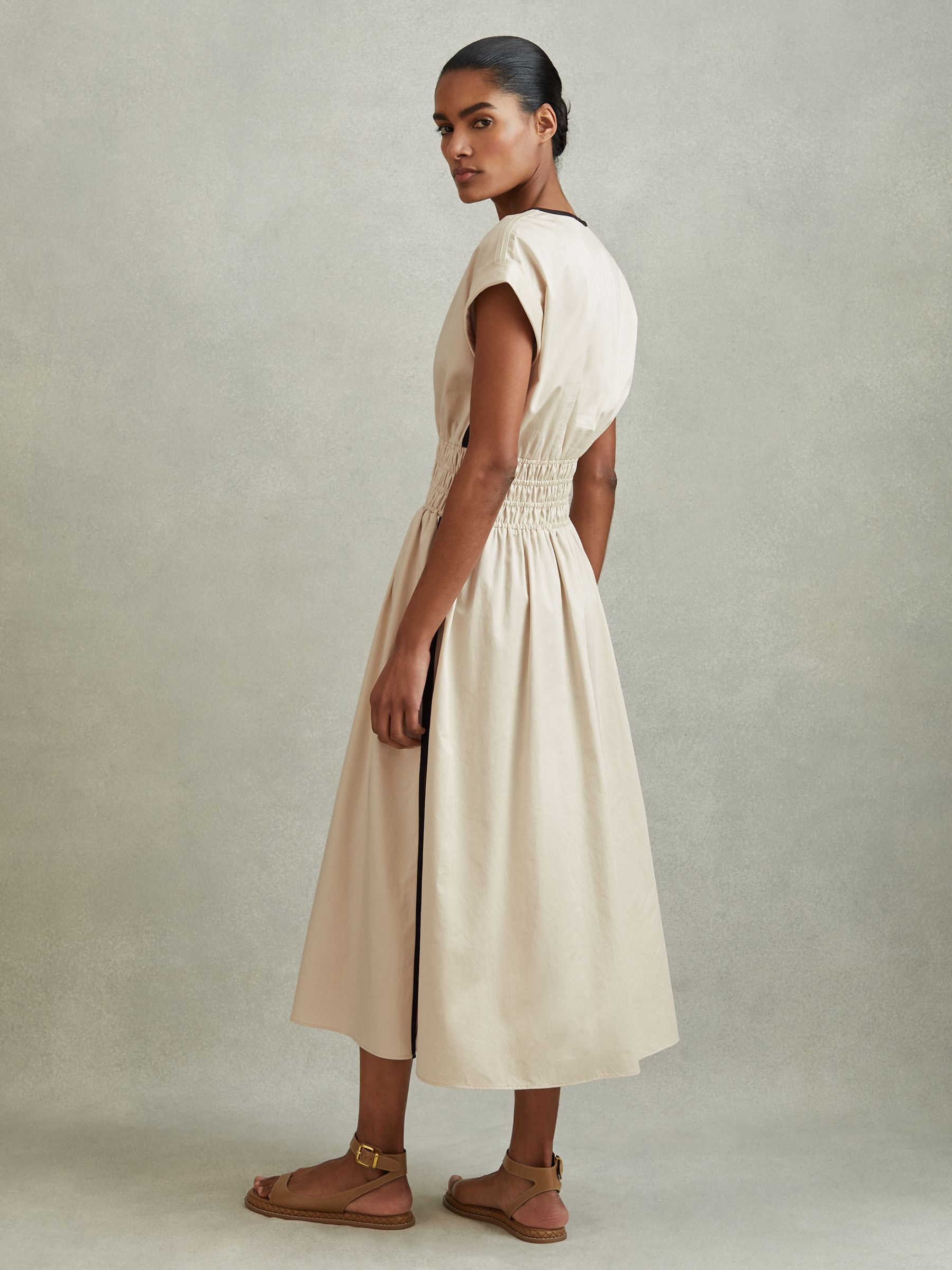 Cotton Ruched Waist Midi Dress in Neutral/Black - Image 4 of 6