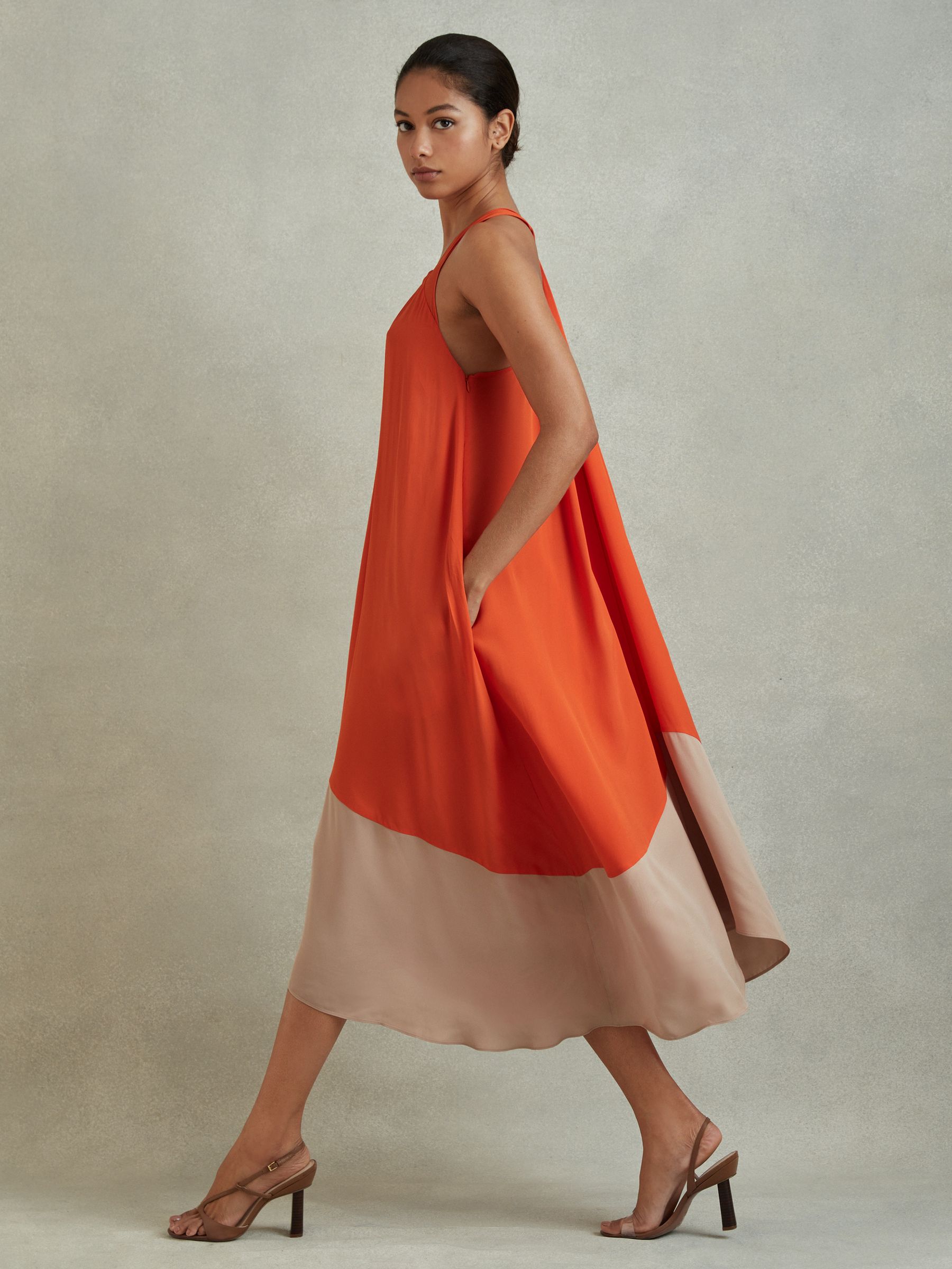 Ruched Dipped Hem Midi Dress in Orange - Image 3 of 6