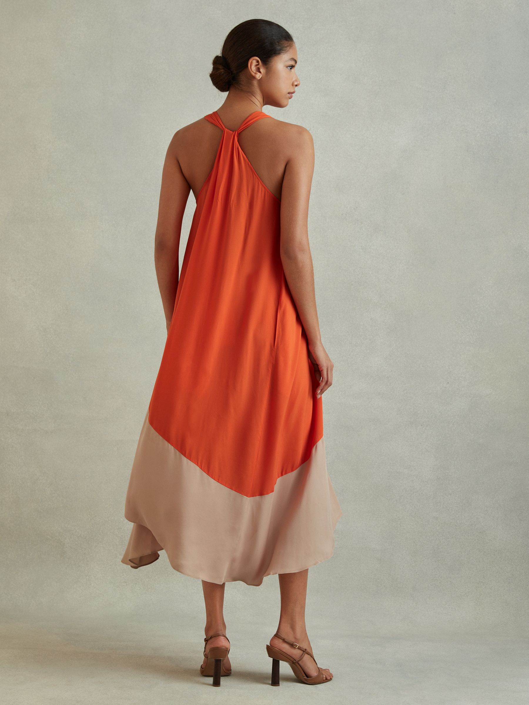 Reiss Ruched Dipped Hem Midi Dress In Orange REISS Reiss Ruched Dipped Hem Midi Dress In Orange REISS