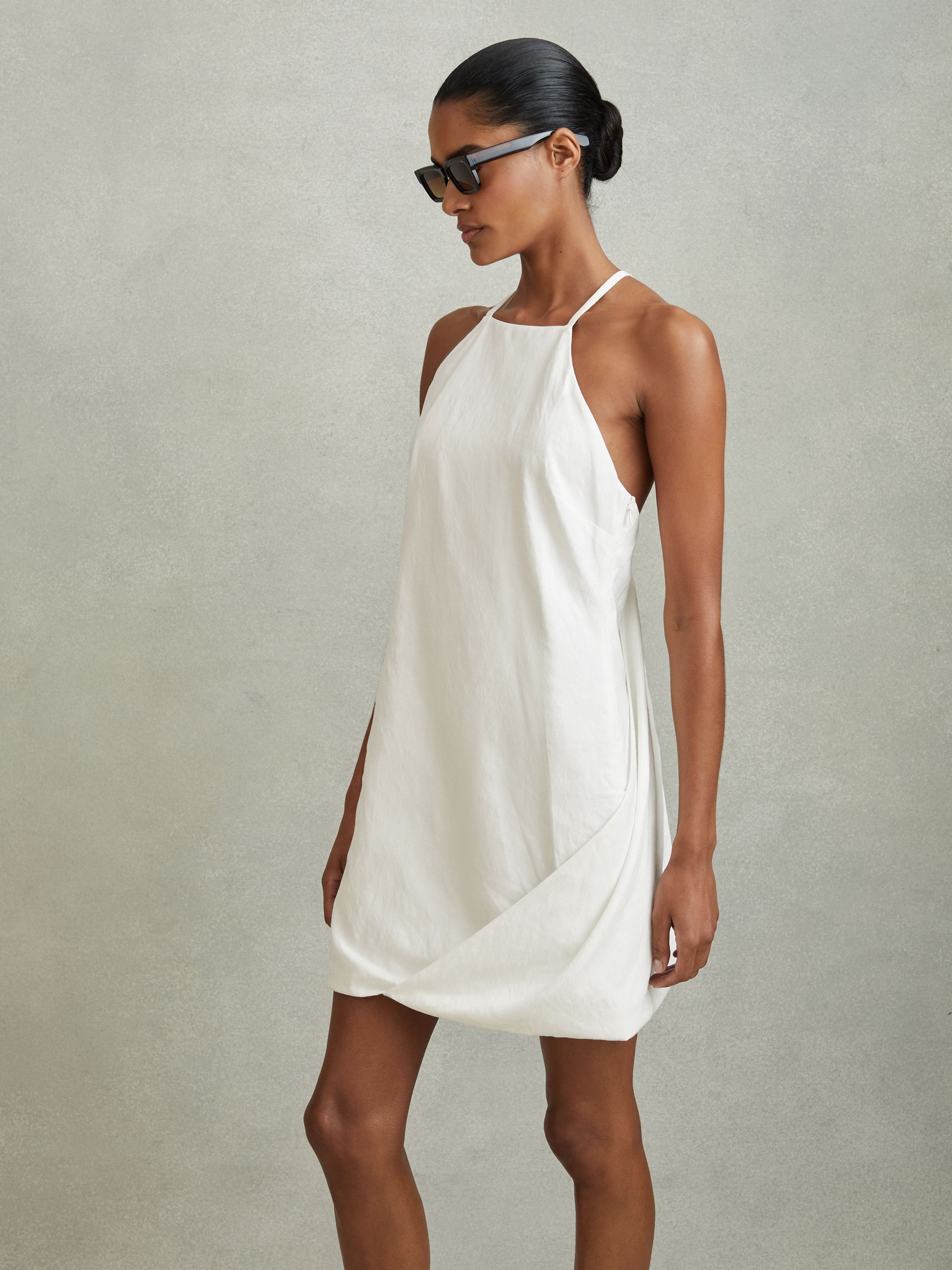 Lyocell Blend With Linen Wrap Detail Mini Dress in White - Image 3 of 6