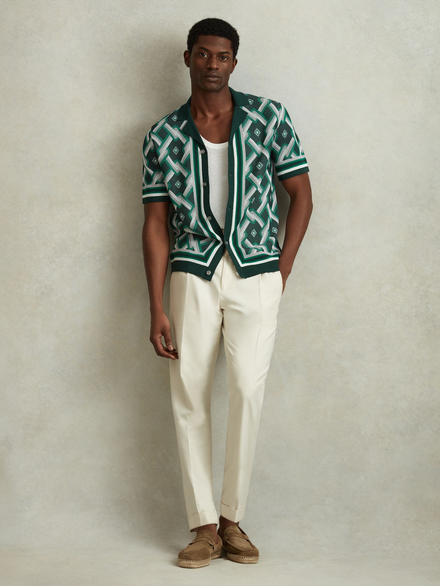 Knitted Cuban Collar Shirt in Green Multi - Image 1 of 6