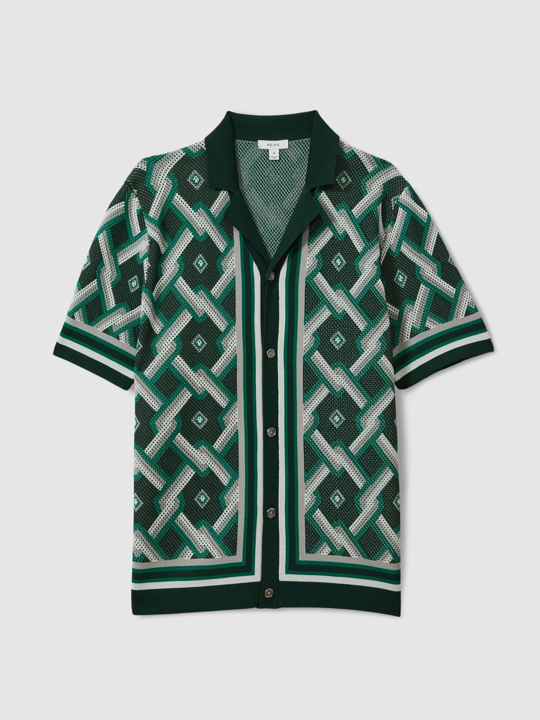 Knitted Cuban Collar Shirt in Green Multi - Image 2 of 6