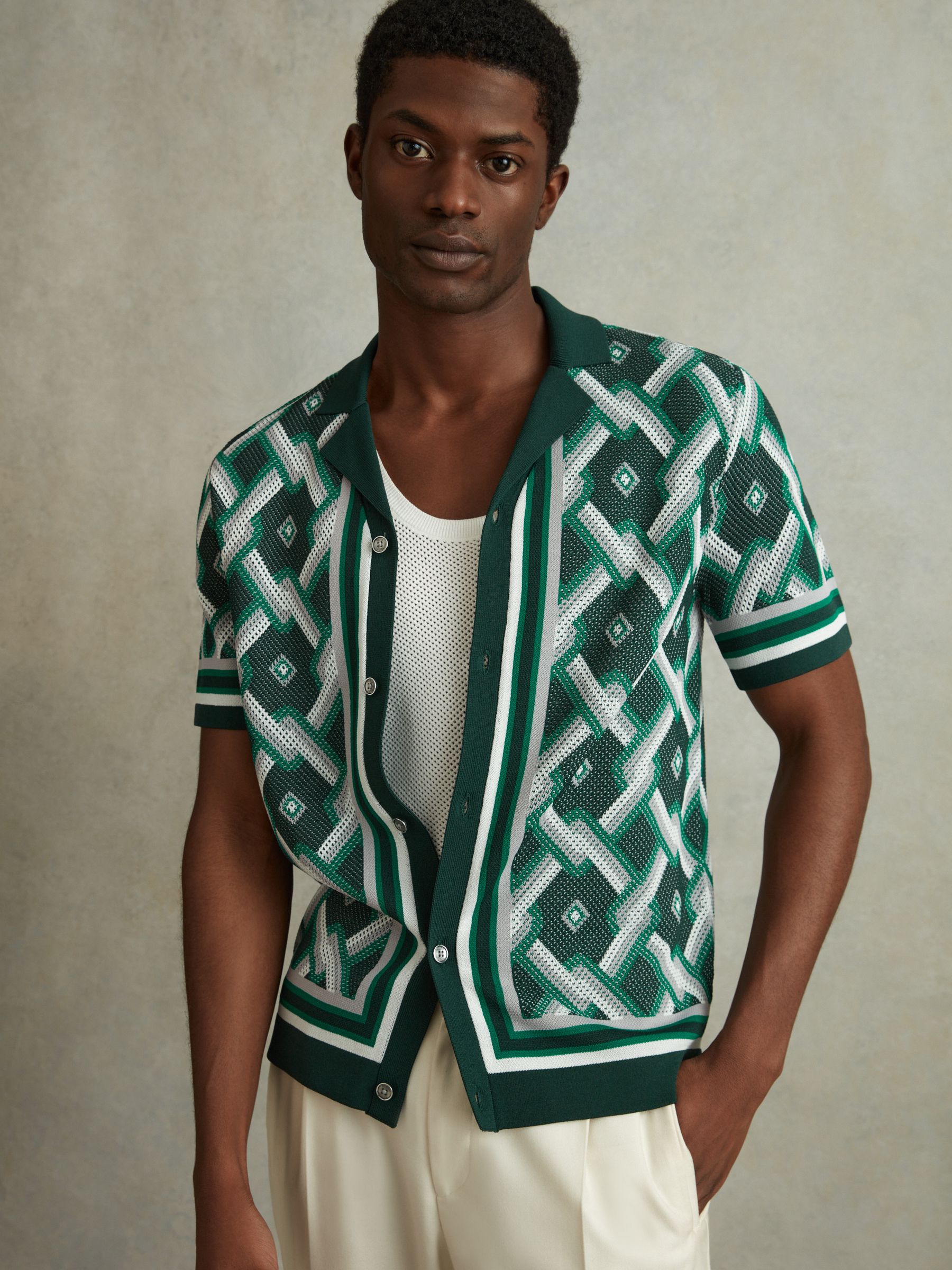 Knitted Cuban Collar Shirt in Green Multi - Image 3 of 6