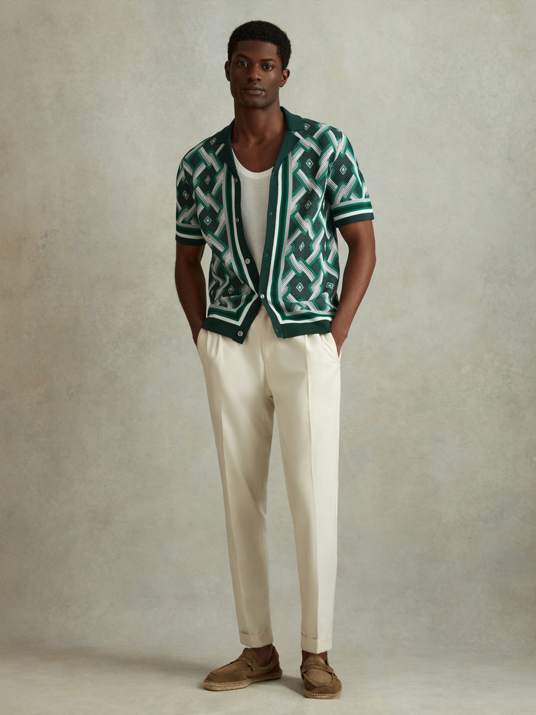 Knitted Cuban Collar Shirt in Green Multi - Image 4 of 6