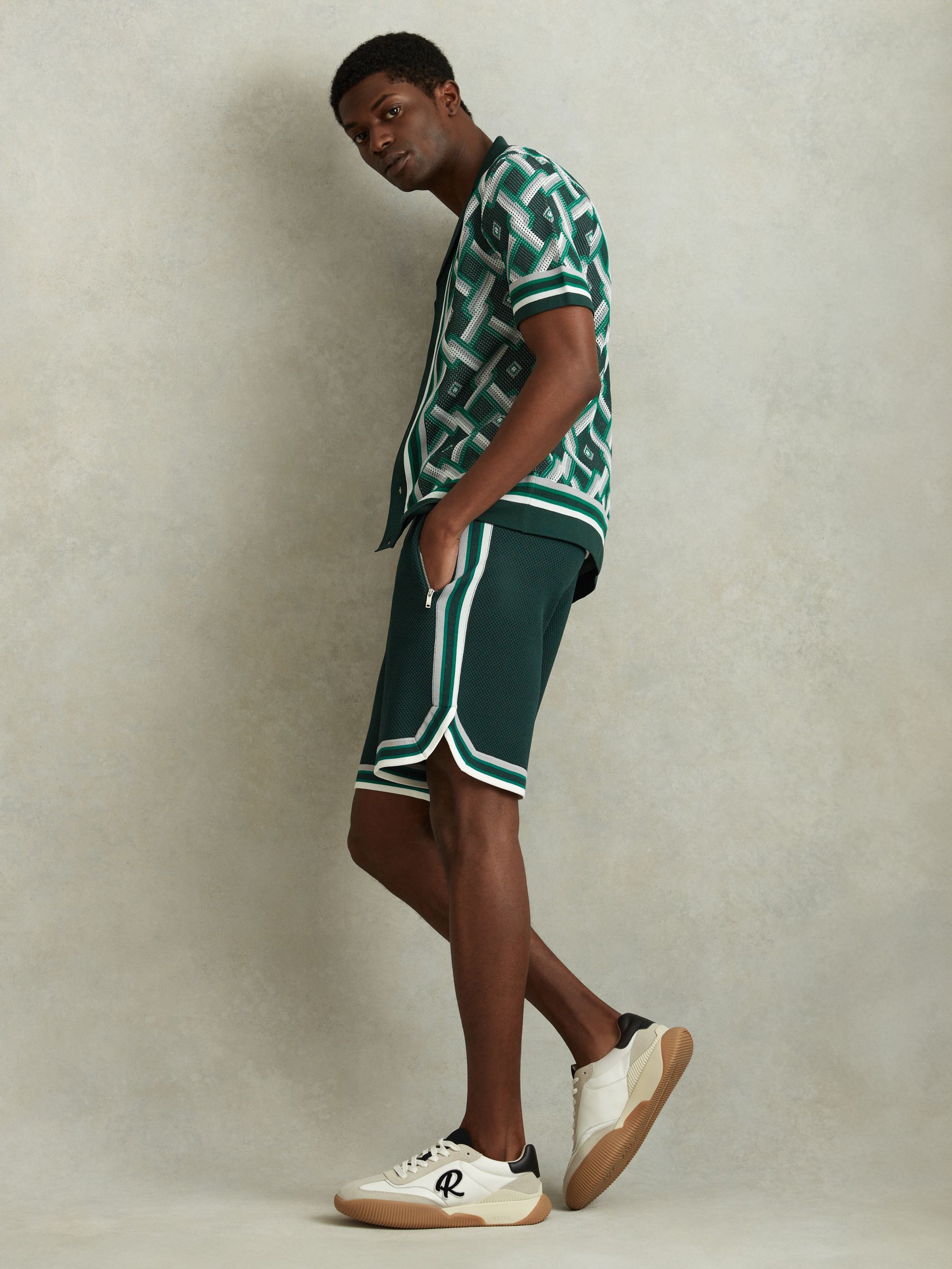 Knitted Cuban Collar Shirt in Green Multi - Image 5 of 6
