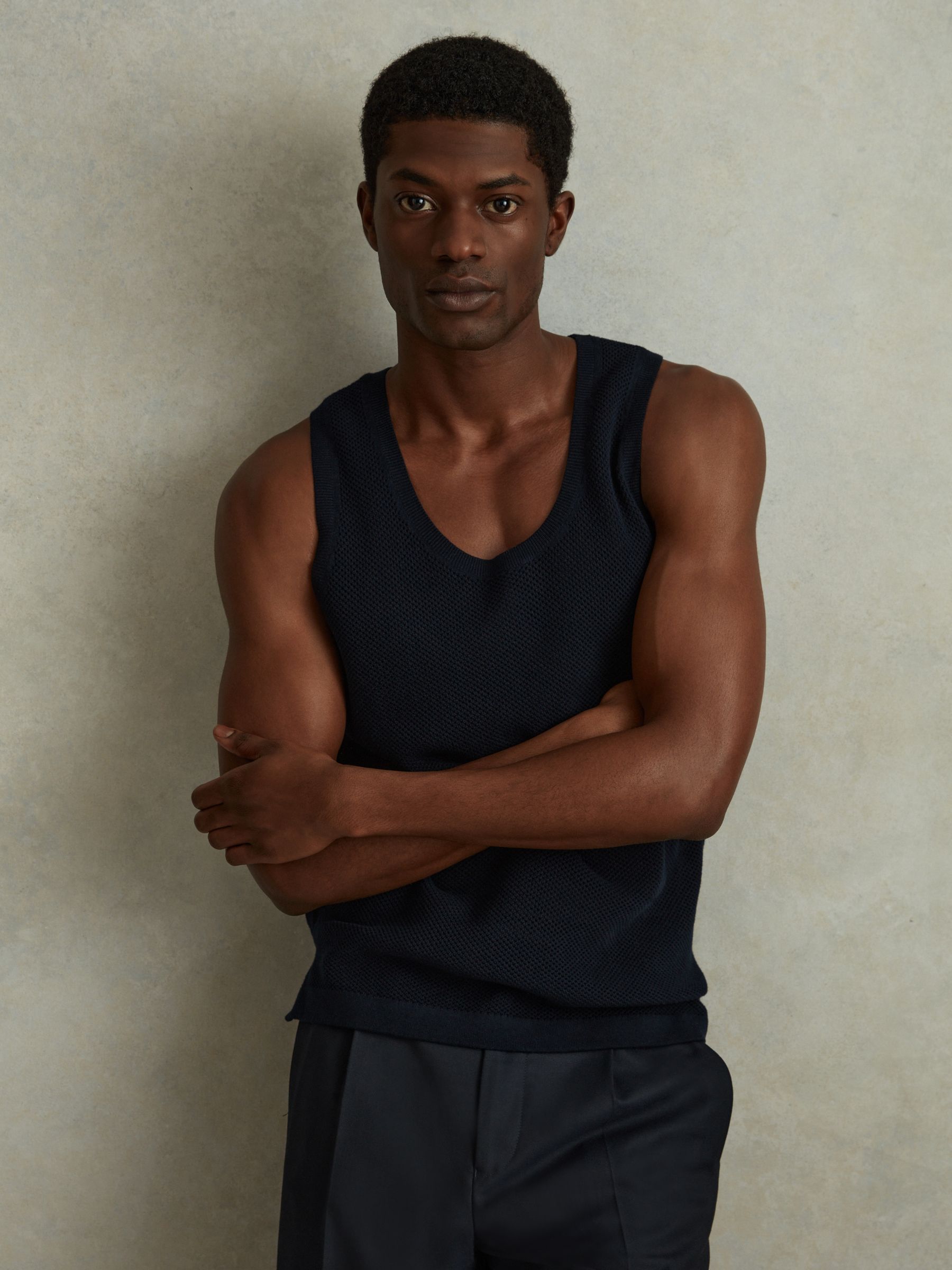 Open-Stitch Cotton Vest in Navy - Image 1 of 6