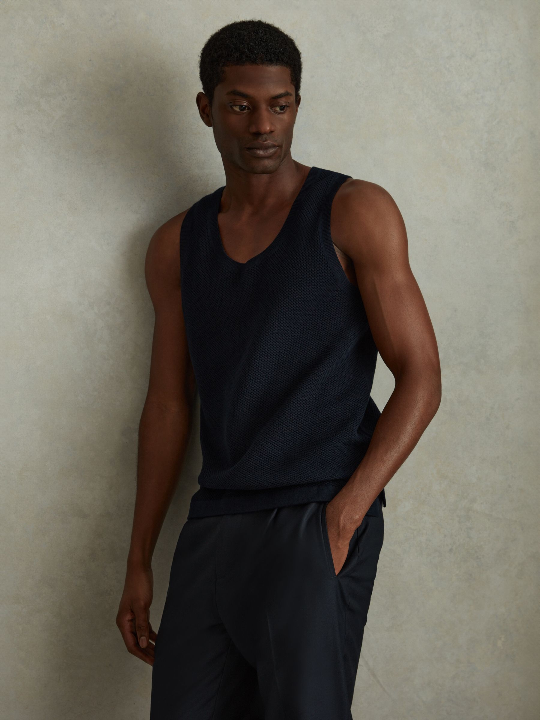 Open-Stitch Cotton Vest in Navy - Image 4 of 6