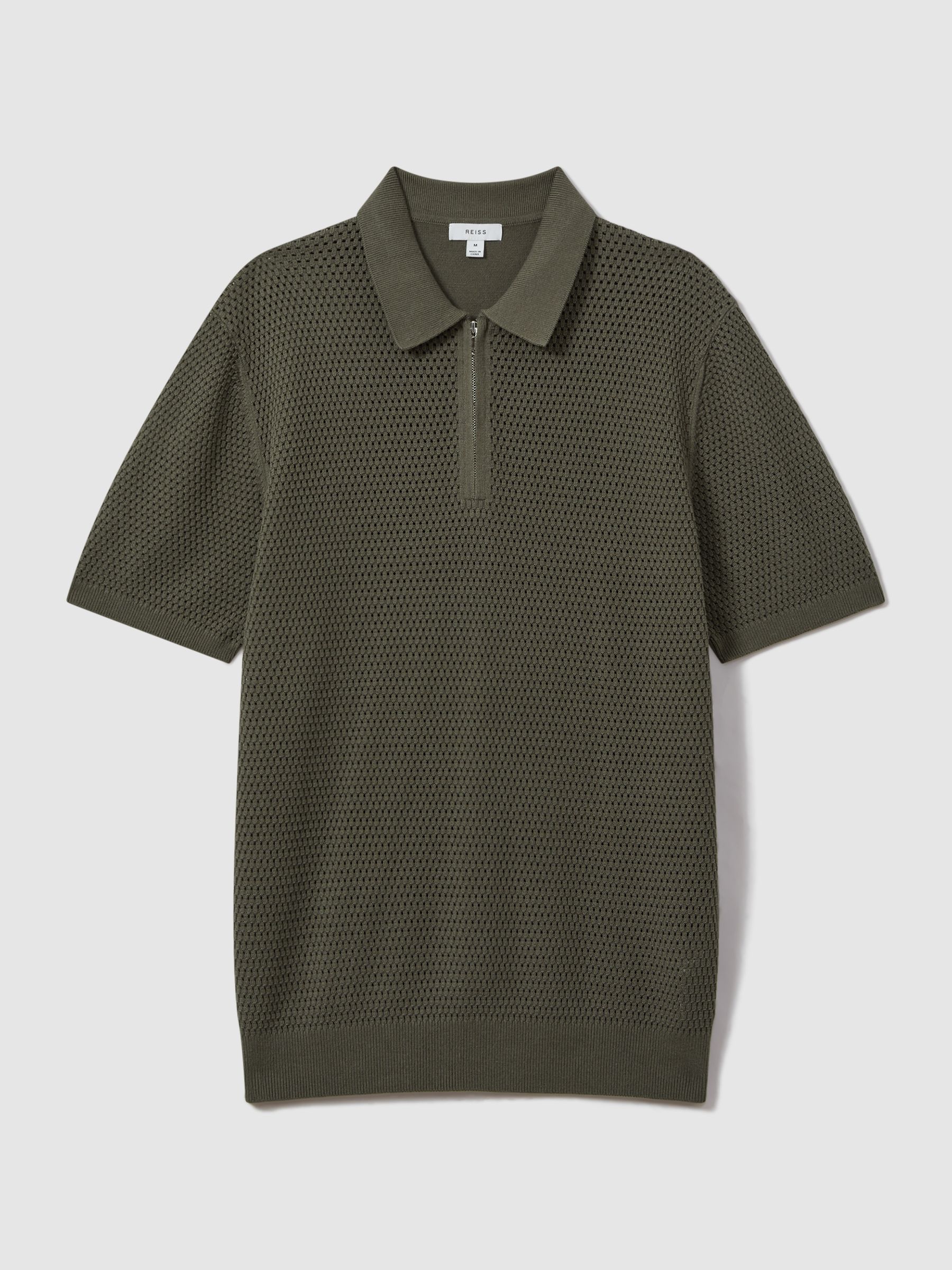 Cotton Blend Textured Half-Zip Polo Shirt in Dark Sage - Image 2 of 6