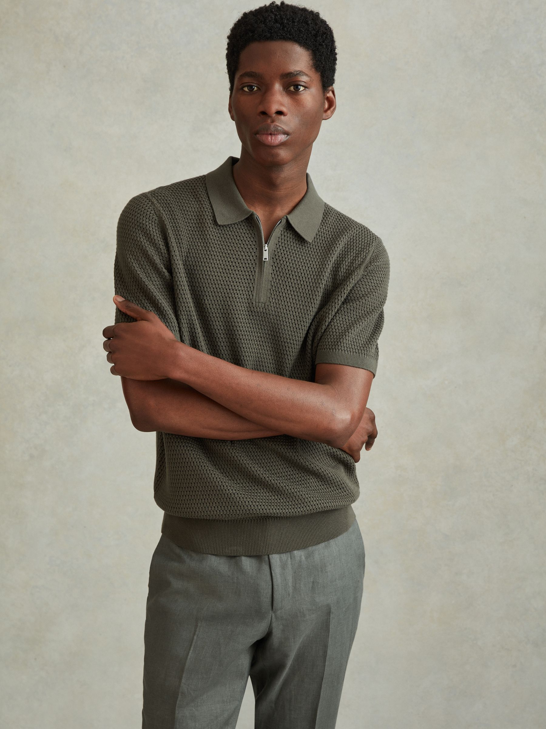 Cotton Blend Textured Half-Zip Polo Shirt in Dark Sage - Image 3 of 6