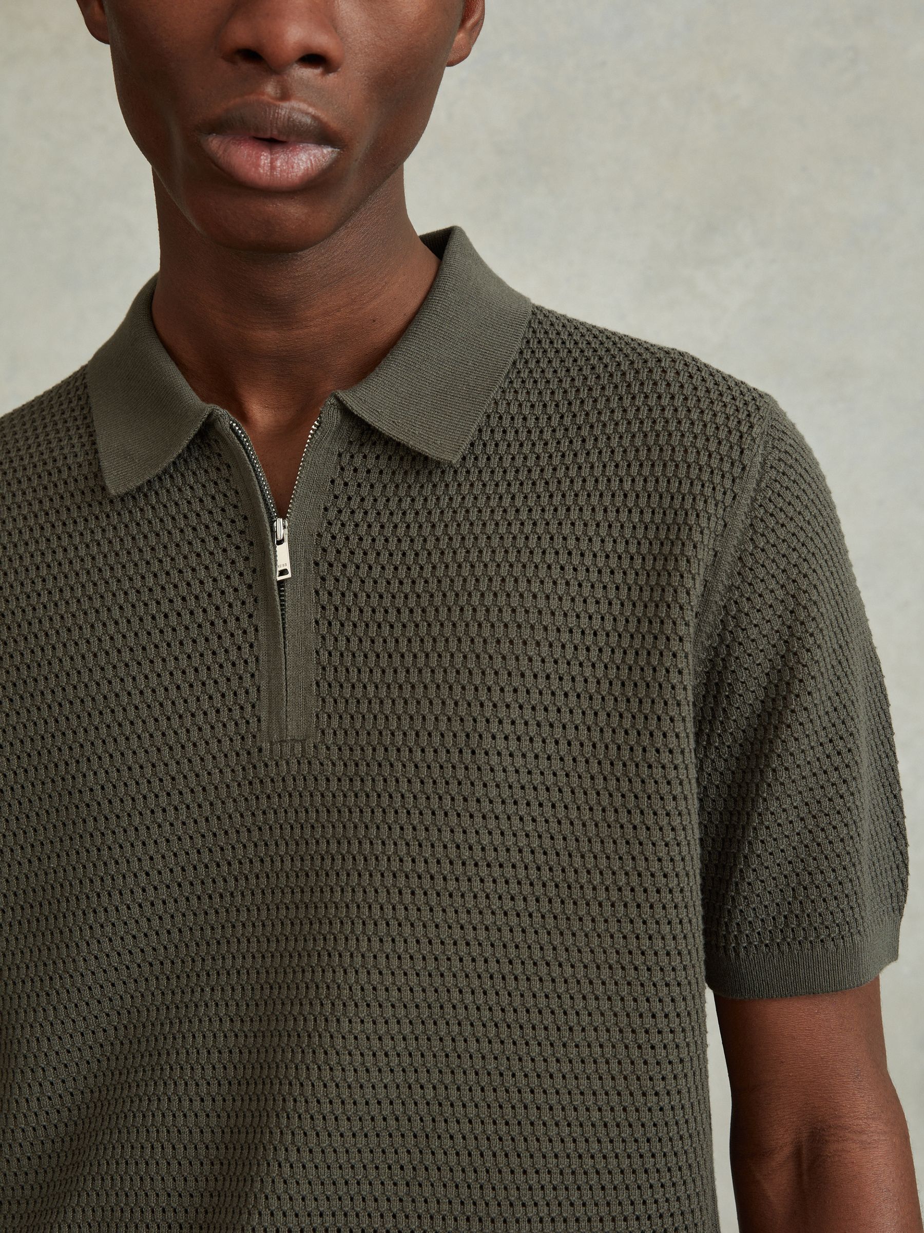 Cotton Blend Textured Half-Zip Polo Shirt in Dark Sage - Image 4 of 6